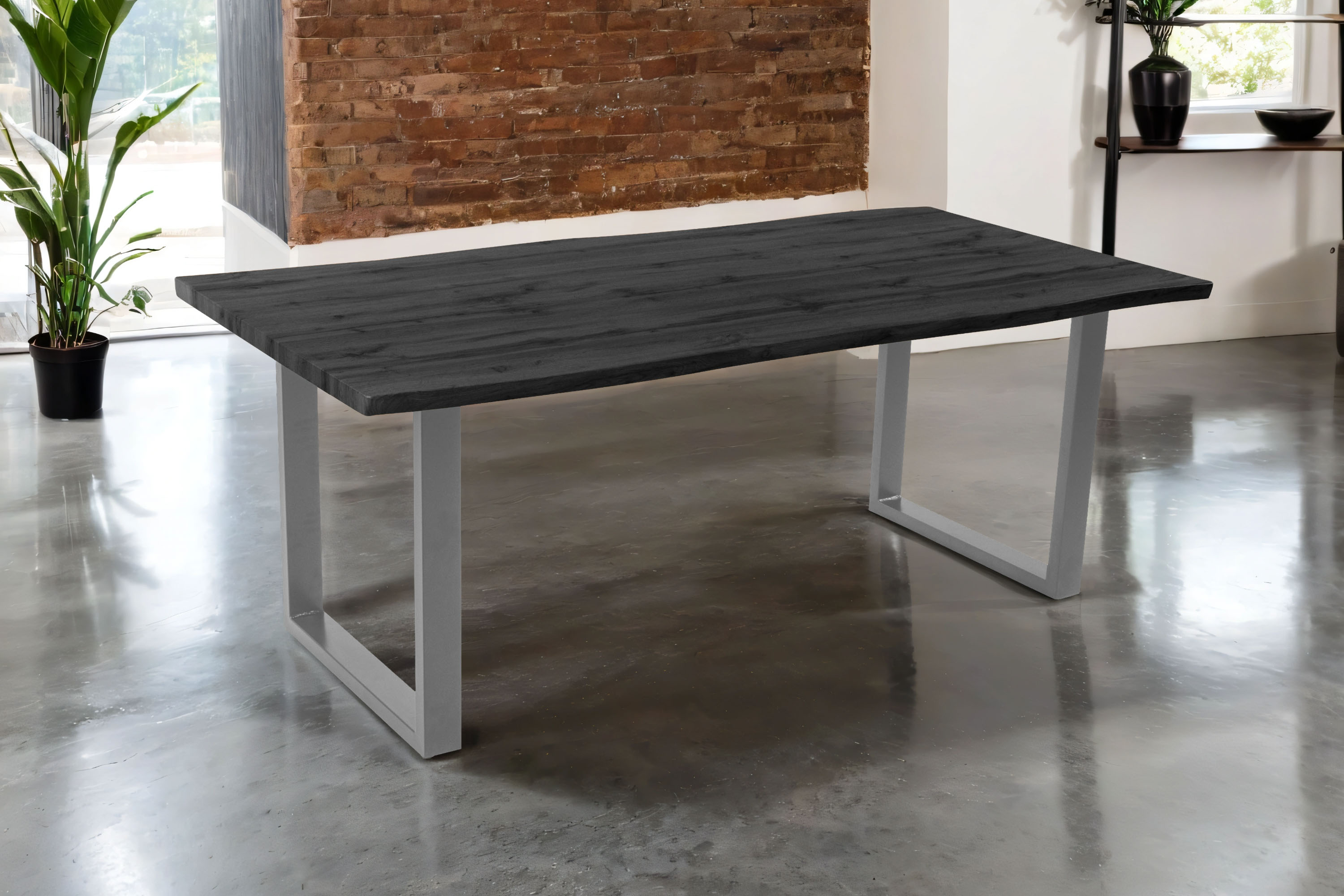 Esstisch 200x100 cm Baumkante Holz Grau-Optik U-Gestell Metall silber JOSY