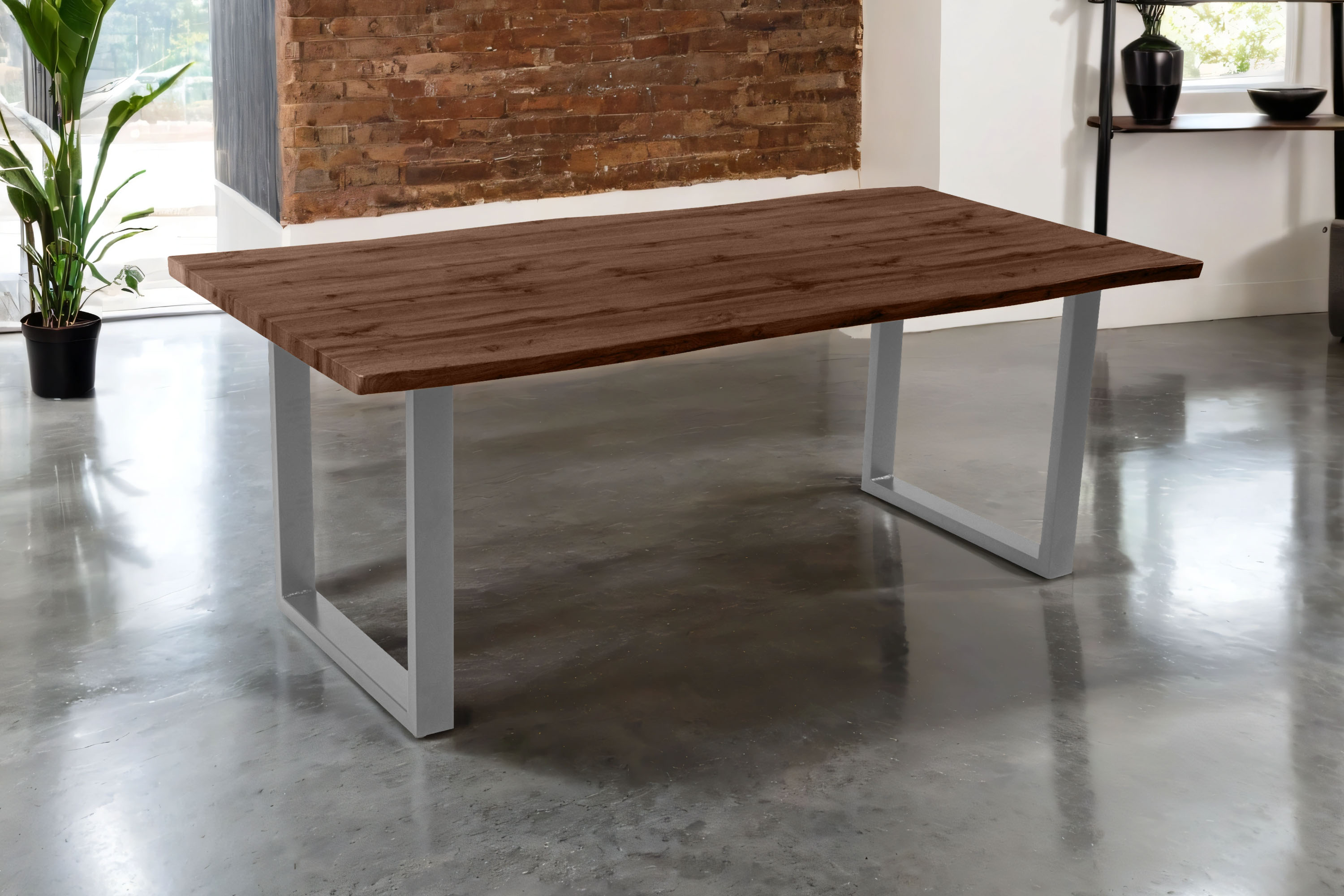 Esstisch 200x100 cm Baumkante Holz Nussbaum-Optik U-Gestell Metall silber JOSY