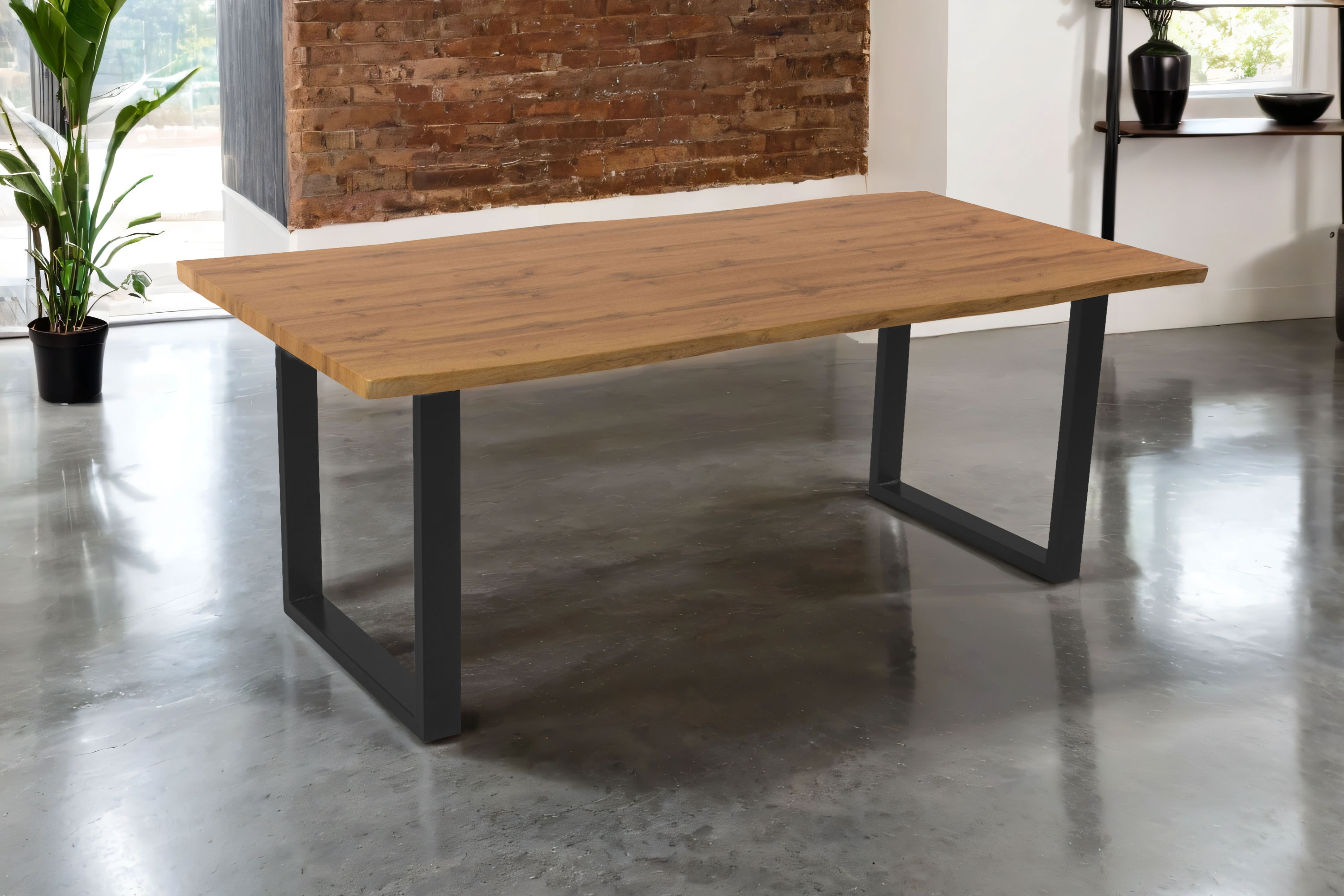 Esstisch 200x100 cm Baumkante Holz Wildeiche-Optik U-Gestell Metall schwarz JOSY