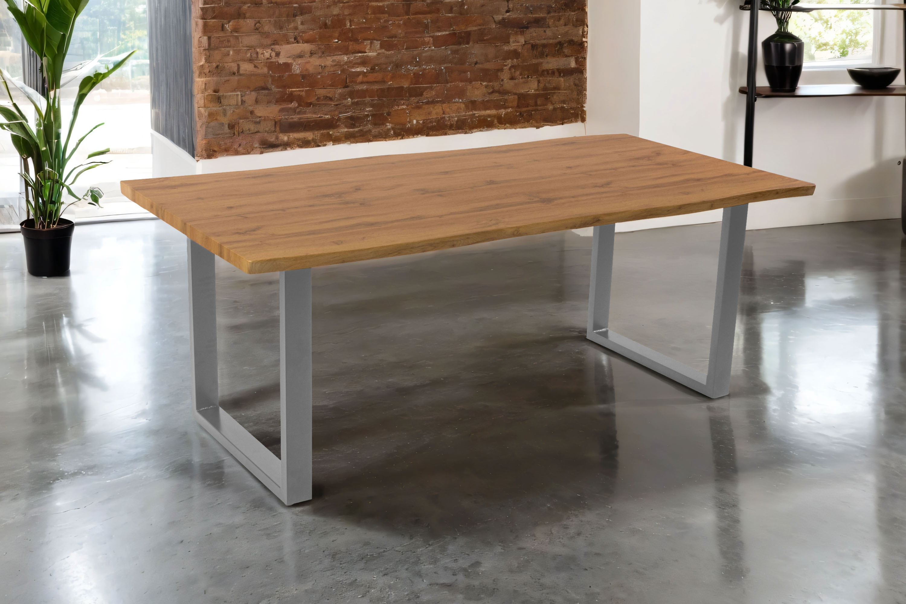 Esstisch 200x100 cm Baumkante Holz Wildeiche-Optik U-Gestell Metall silber JOSY