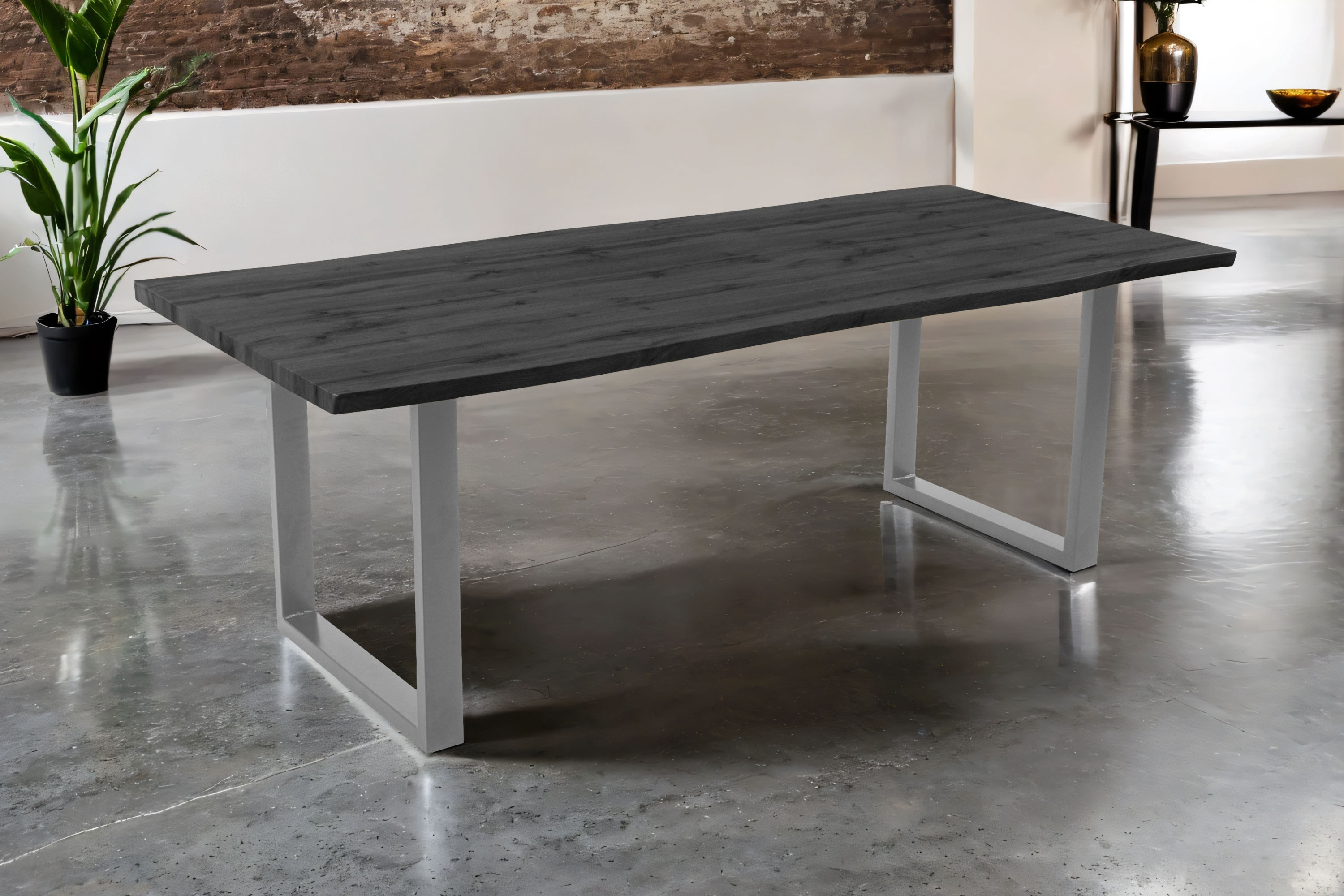 Esstisch 220x100 cm Baumkante Holz Grau-Optik U-Gestell Metall silber JOSY