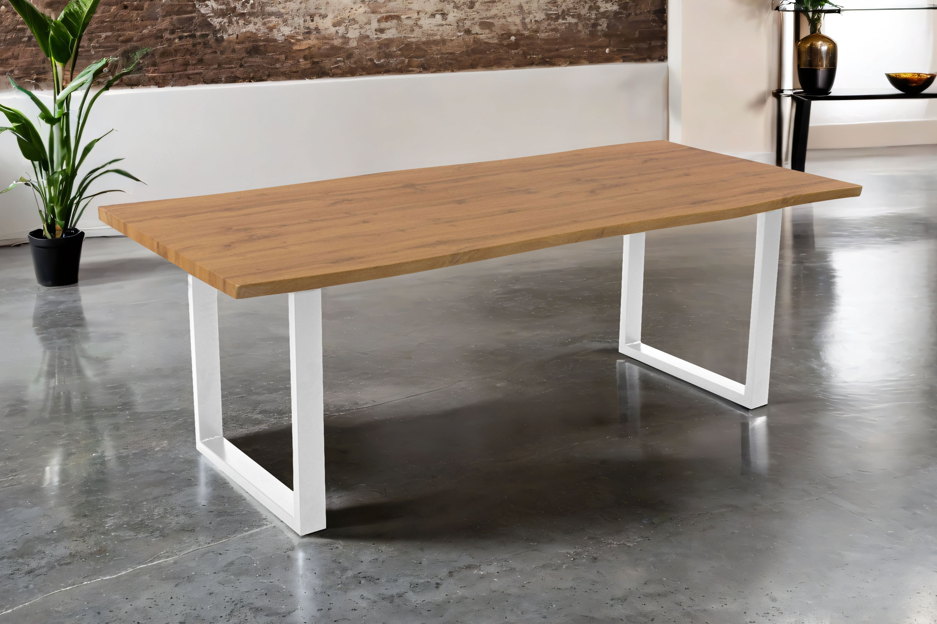 Esstisch 220x100 cm Baumkante Holz Wildeiche-Optik U-Gestell Metall weiß JOSY