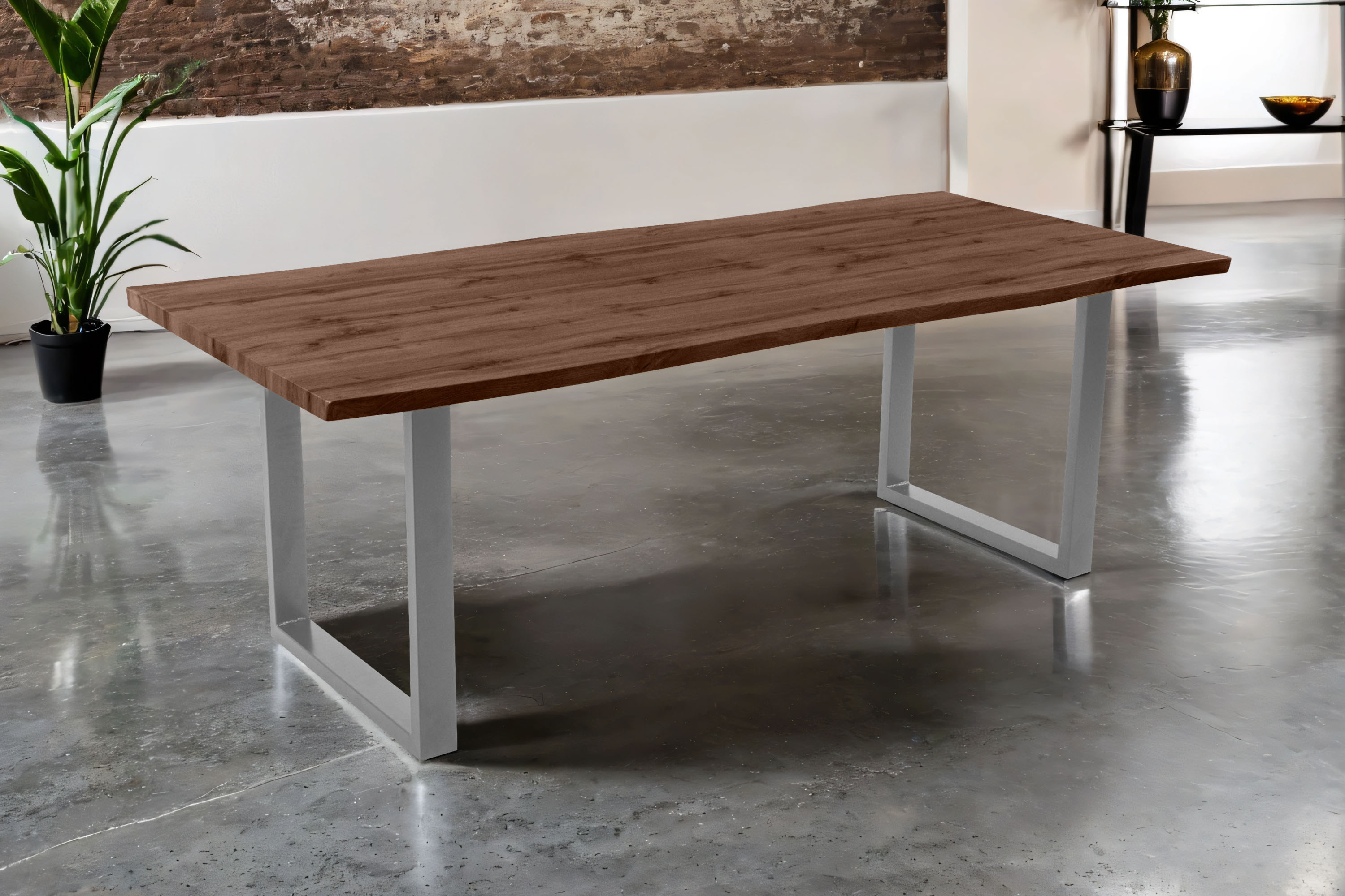 Esstisch 240x100 cm Baumkante Holz Nussbaum-Optik U-Gestell Metall silber JOSY