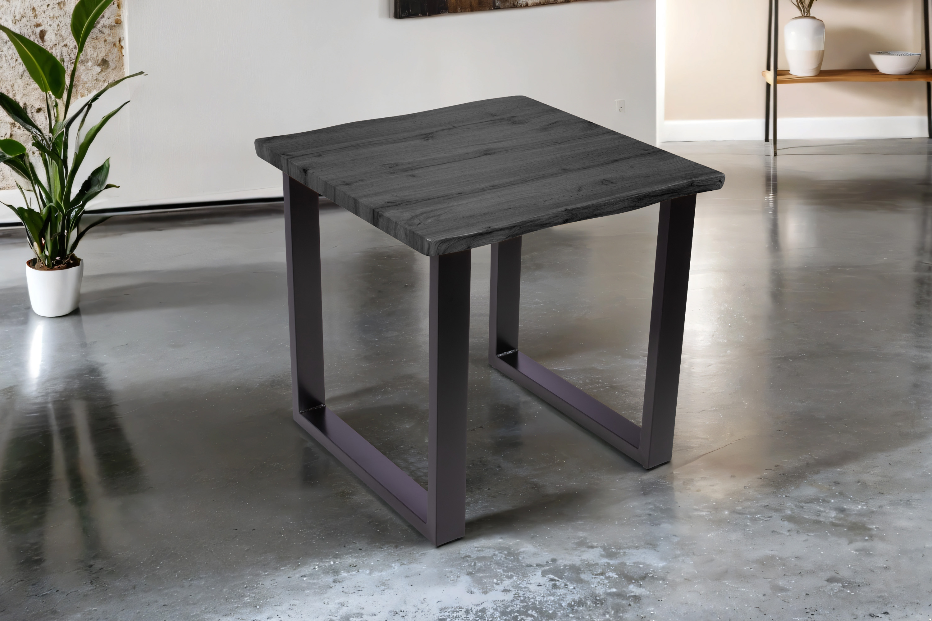 Esstisch 80x80 cm Baumkante Holz Grau-Optik U-Gestell Metall schwarz JOSY