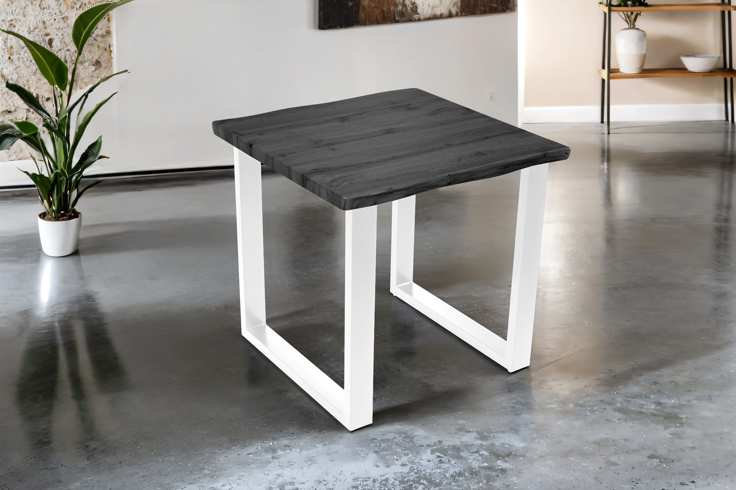 Esstisch 80x80 cm Baumkante Holz Grau-Optik U-Gestell Metall weiß JOSY