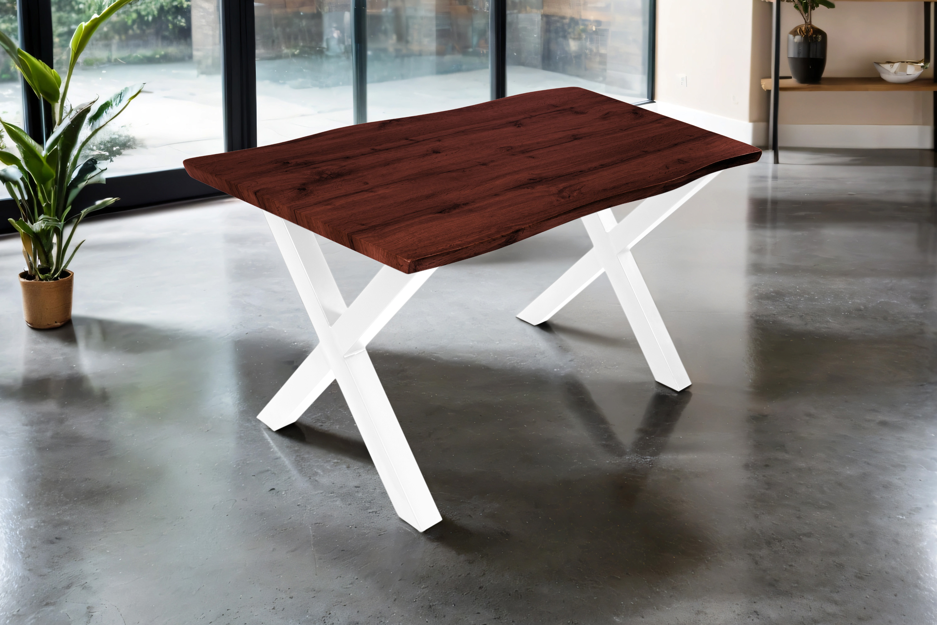 Esstisch 120x80 cm Baumkante Holz Nussbaum-Optik X-Gestell Metall weiß JOSY