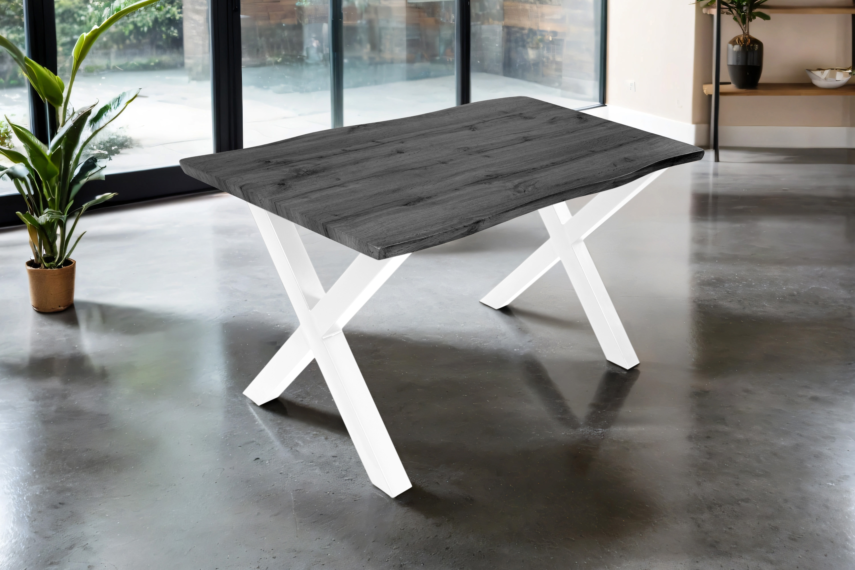 Esstisch 140x80 cm Baumkante Holz Grau-Optik X-Gestell Metall weiß JOSY