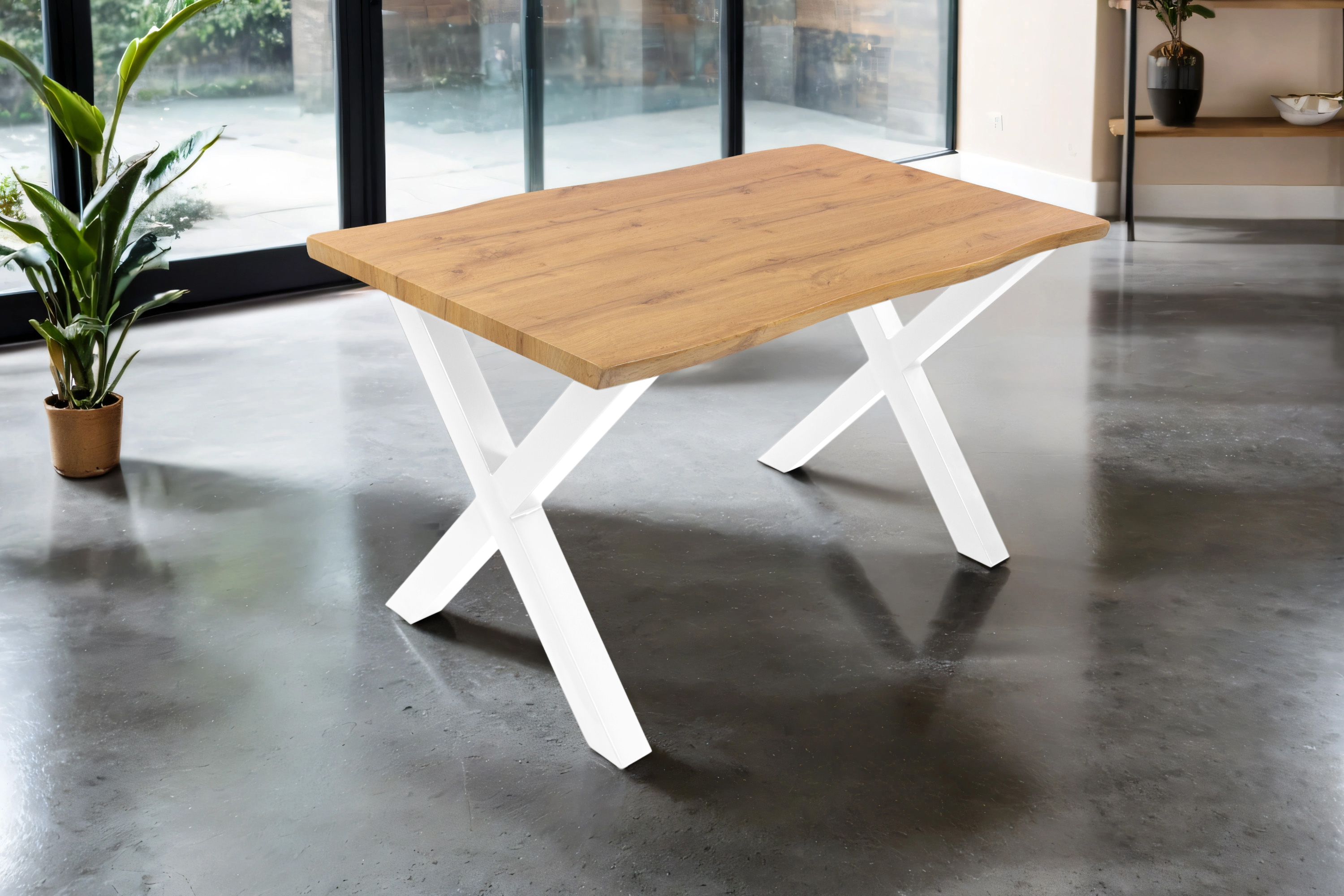Esstisch 140x80 cm Baumkante Holz Wildeiche-Optik X-Gestell Metall weiß JOSY