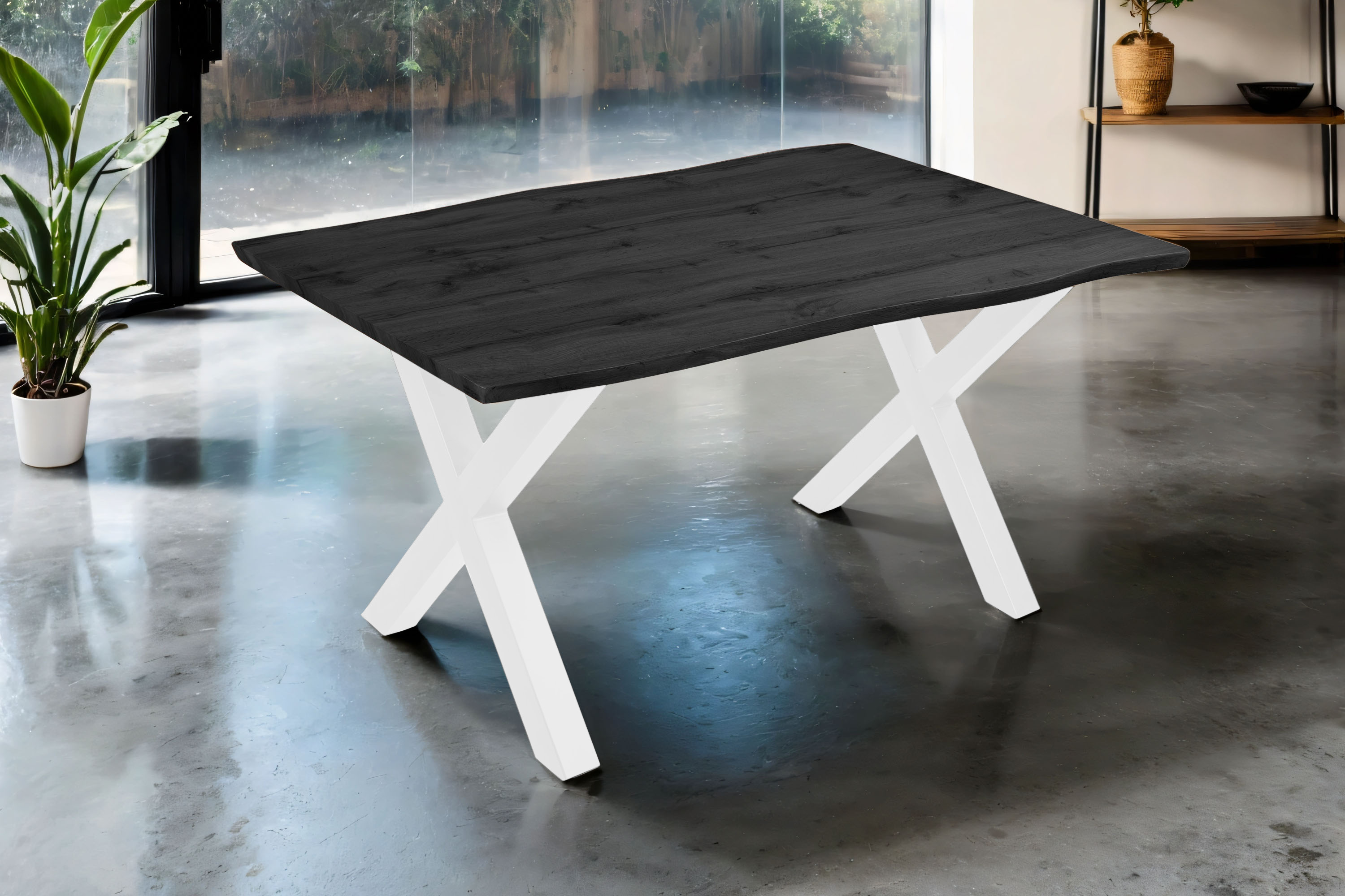 Esstisch 160x85 cm Baumkante Holz Grau-Optik X-Gestell Metall weiß JOSY