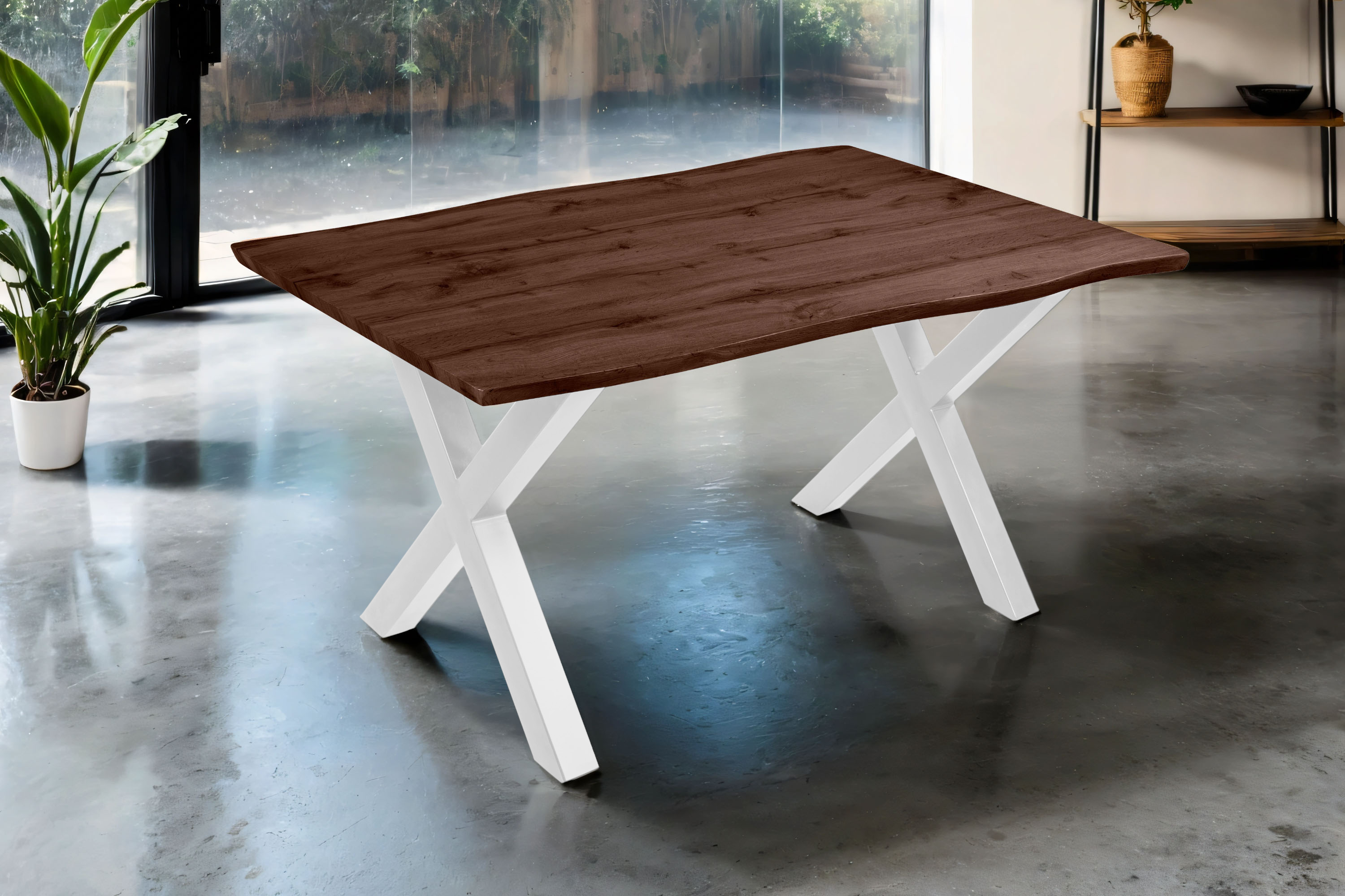 Esstisch 160x85 cm Baumkante Holz Nussbaum-Optik X-Gestell Metall weiß JOSY