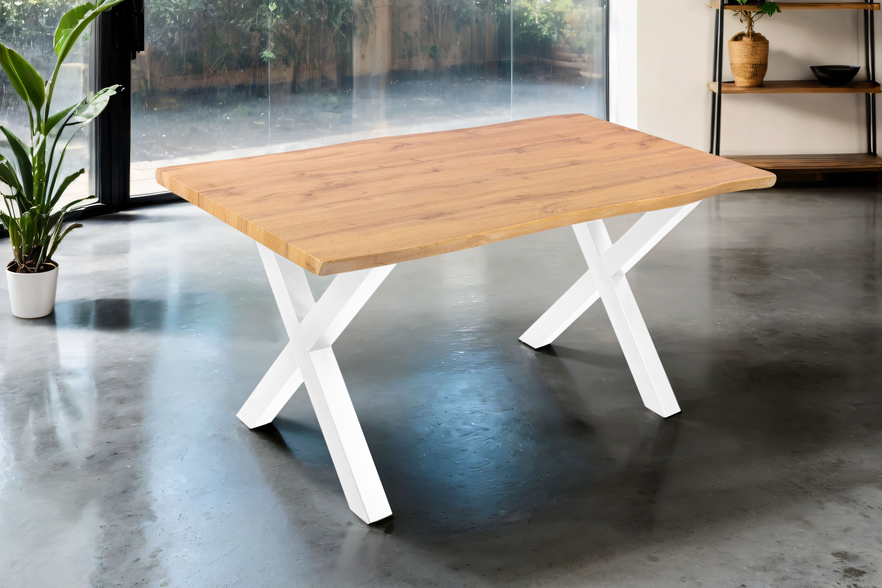 Esstisch 160x85 cm Baumkante Holz Wildeiche-Optik X-Gestell Metall weiß JOSY