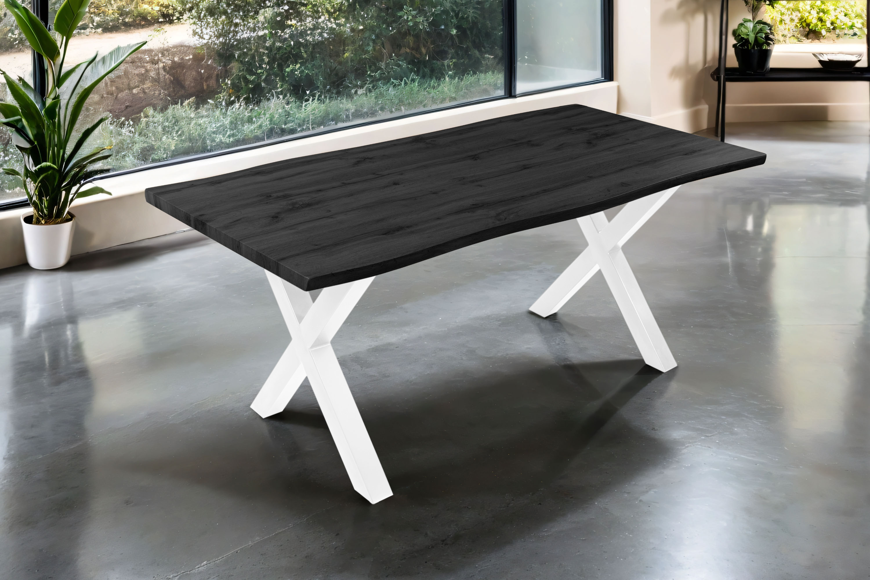Esstisch 180x90 cm Baumkante Holz Grau-Optik X-Gestell Metall weiß JOSY