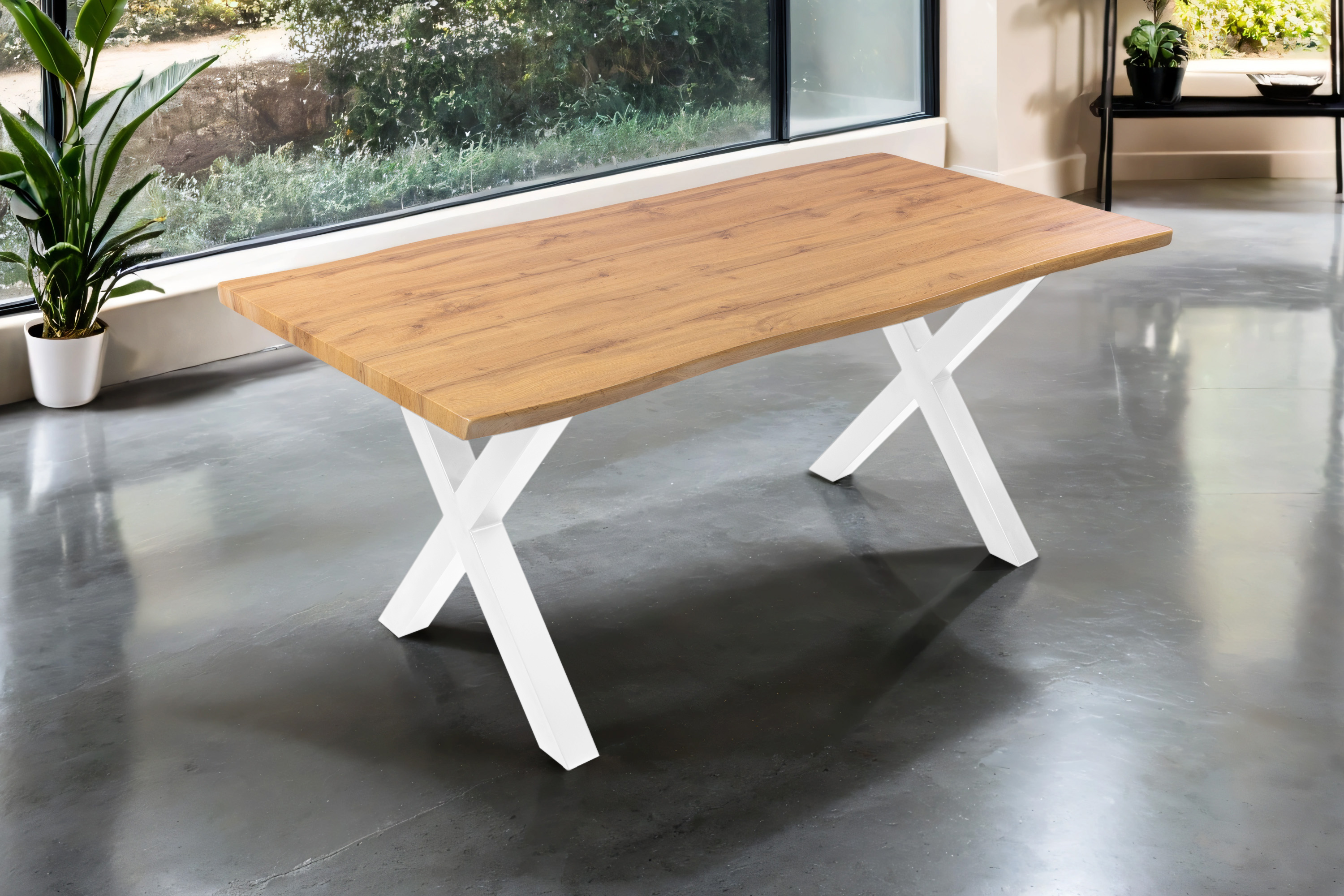 Esstisch 180x90 cm Baumkante Holz Wildeiche-Optik X-Gestell Metall weiß JOSY