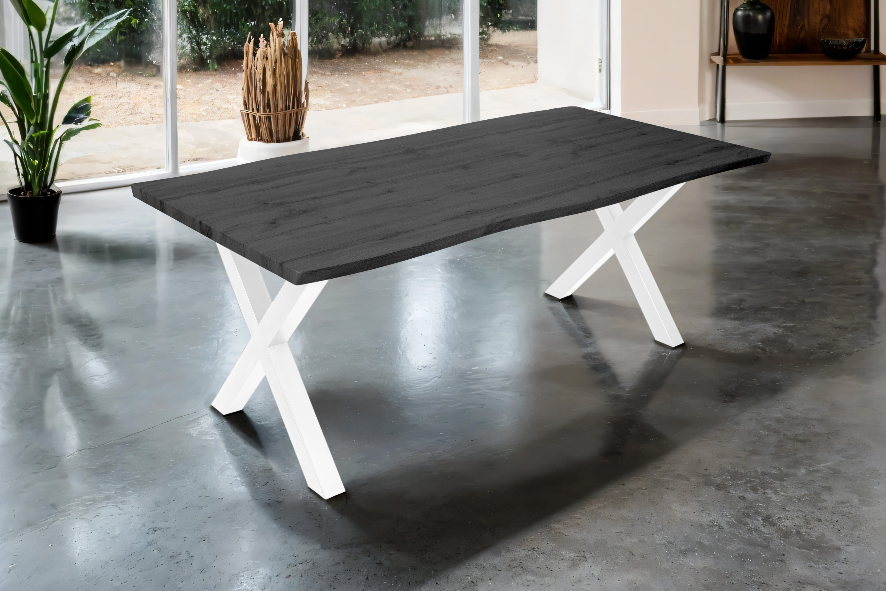 Esstisch 200x100 cm Baumkante Holz Grau-Optik X-Gestell Metall weiß JOSY