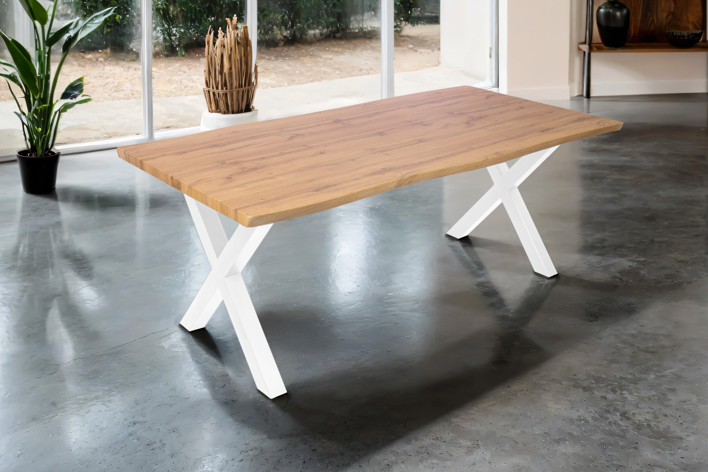 Esstisch 200x100 cm Baumkante Holz Wildeiche-Optik X-Gestell Metall weiß JOSY