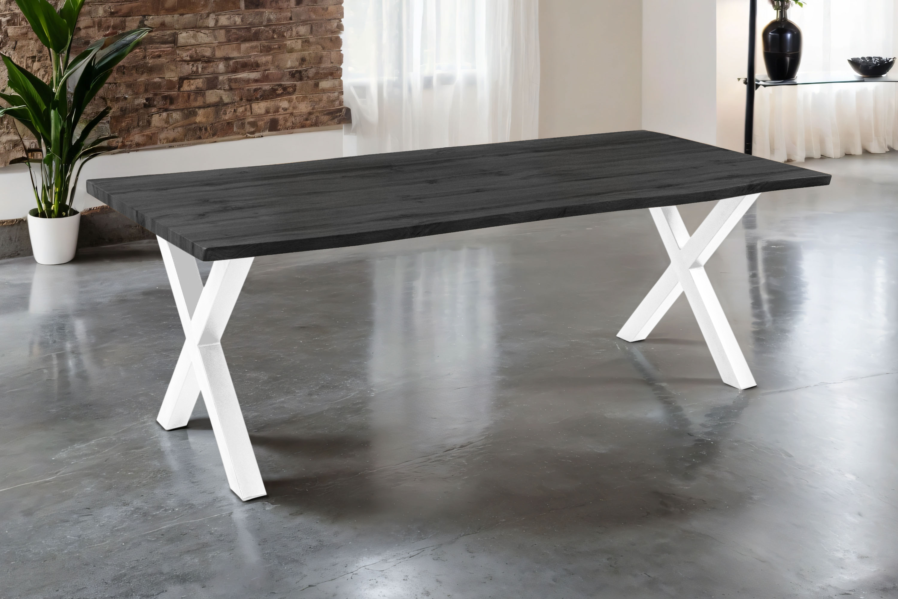 Esstisch 220x100 cm Baumkante Holz Grau-Optik X-Gestell Metall weiß JOSY