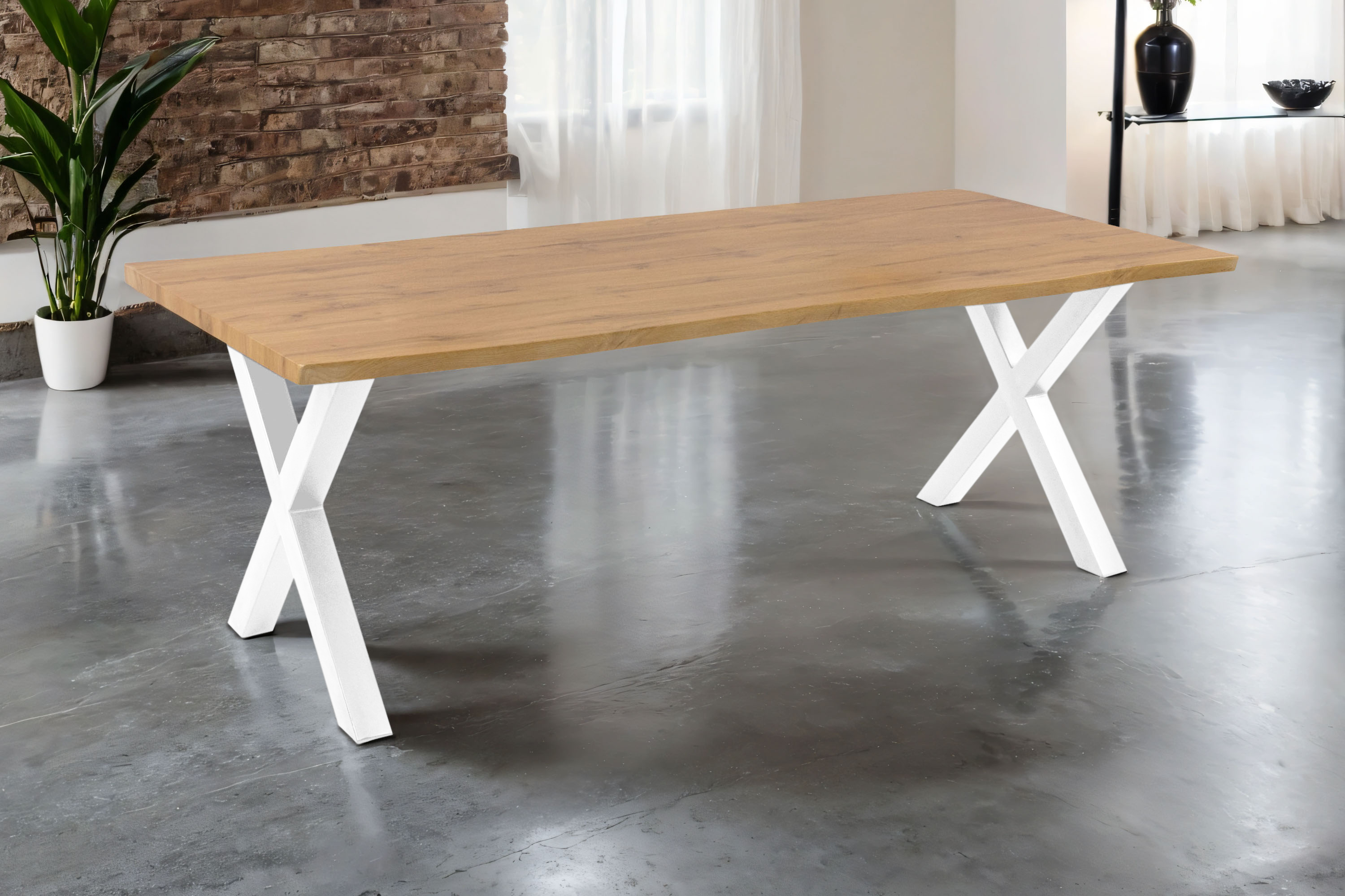 Esstisch 240x100 cm Baumkante Holz Wildeiche-Optik X-Gestell Metall weiß JOSY