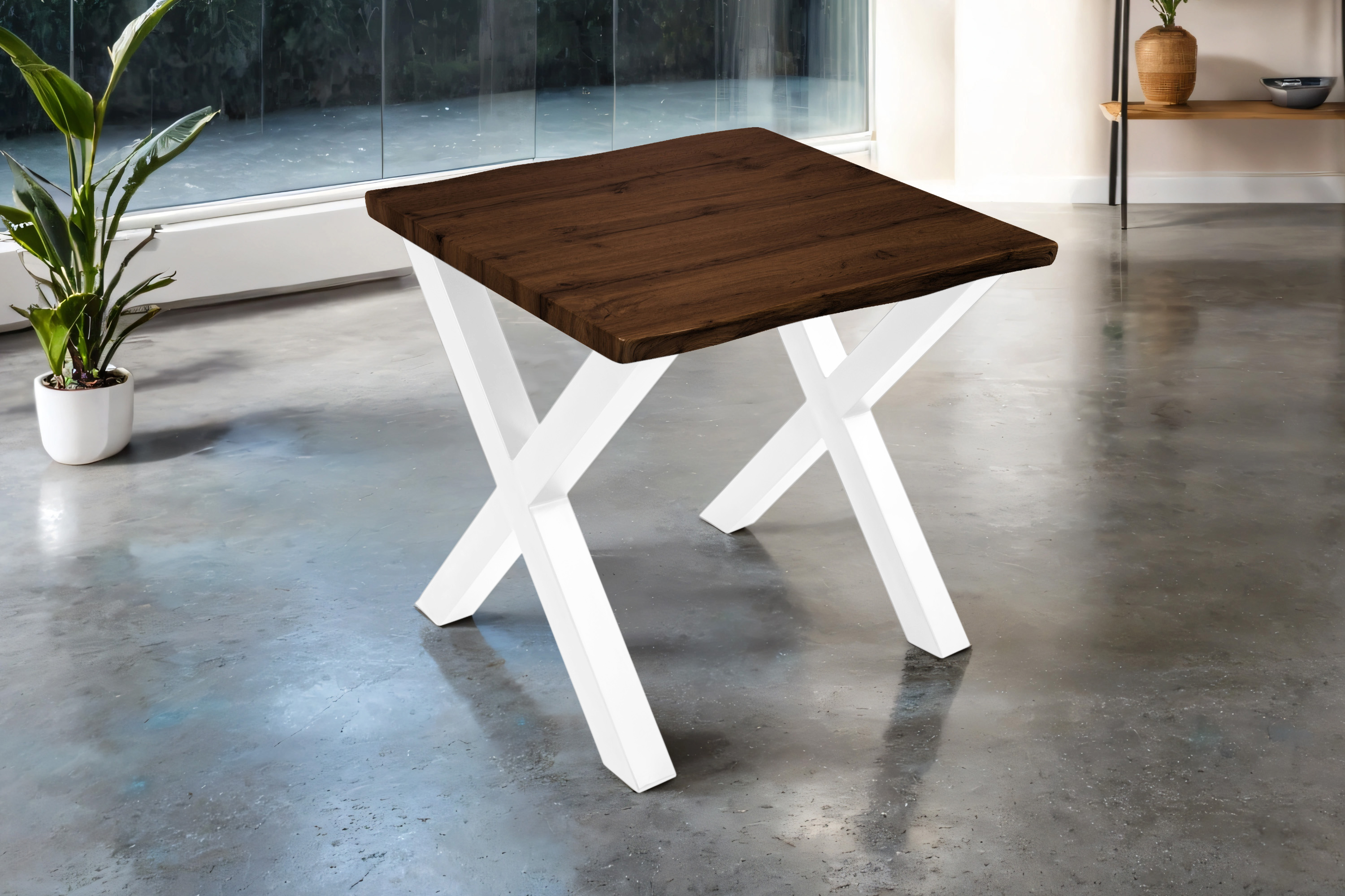 Esstisch 80x80 cm Baumkante Holz Nussbaum-Optik X-Gestell Metall weiß JOSY