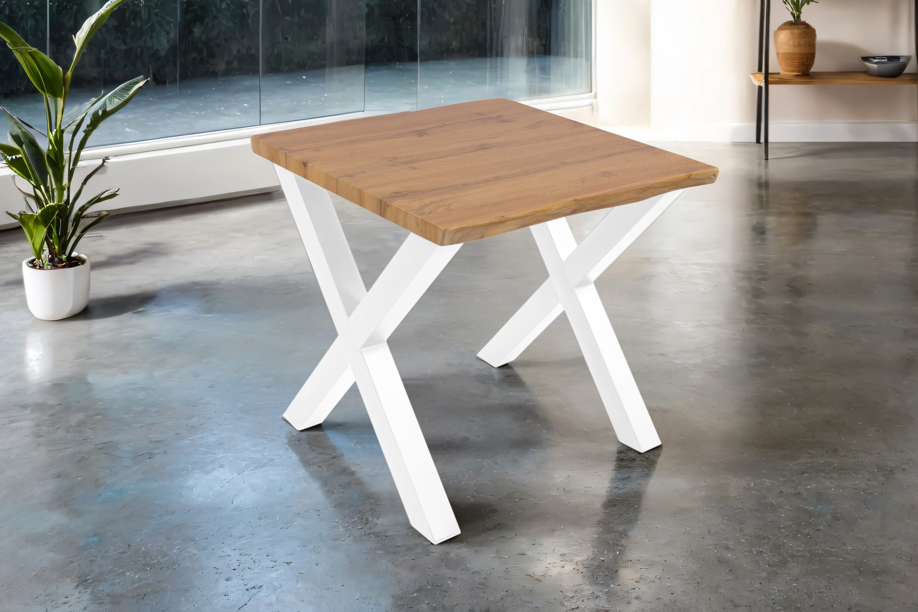 Esstisch 80x80 cm Baumkante Holz Wildeiche-Optik X-Gestell Metall weiß JOSY