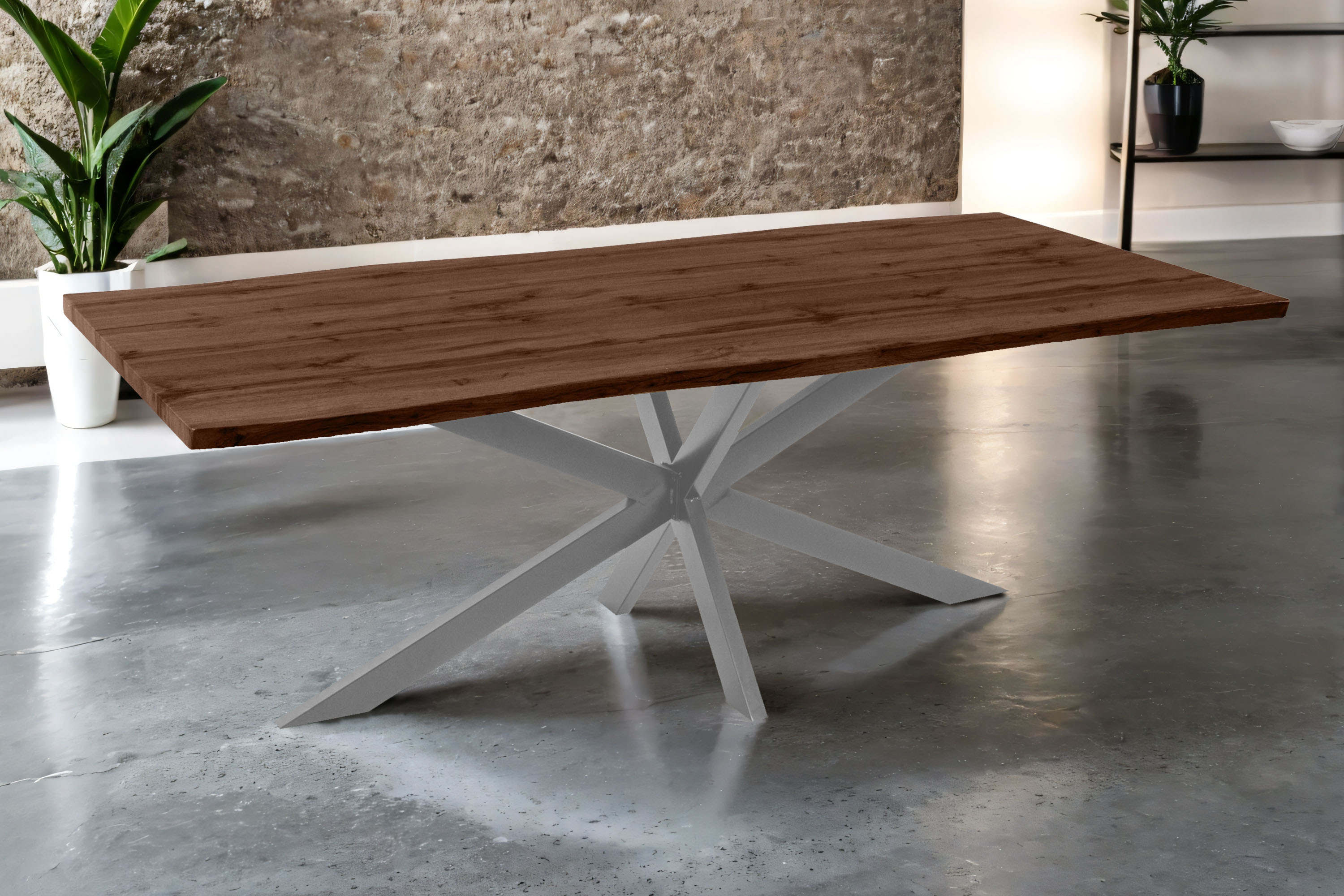 Esstisch 240x100 cm Baumkante Holz Nussbaum-Optik Spider-Gestell Metall silber JOSY