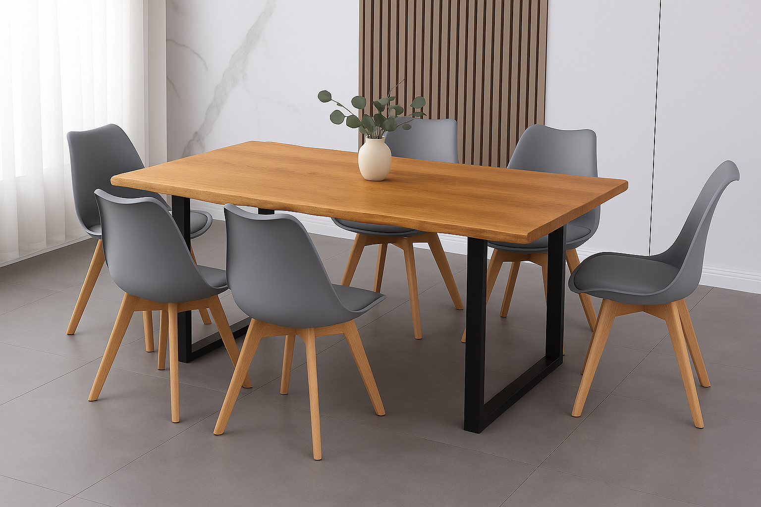 Essgruppe 7tlg. 180 x 90 cm Holz Wildeiche-Optik 6x Schalenstühle Grau U-Gestell Schwarz JOSY