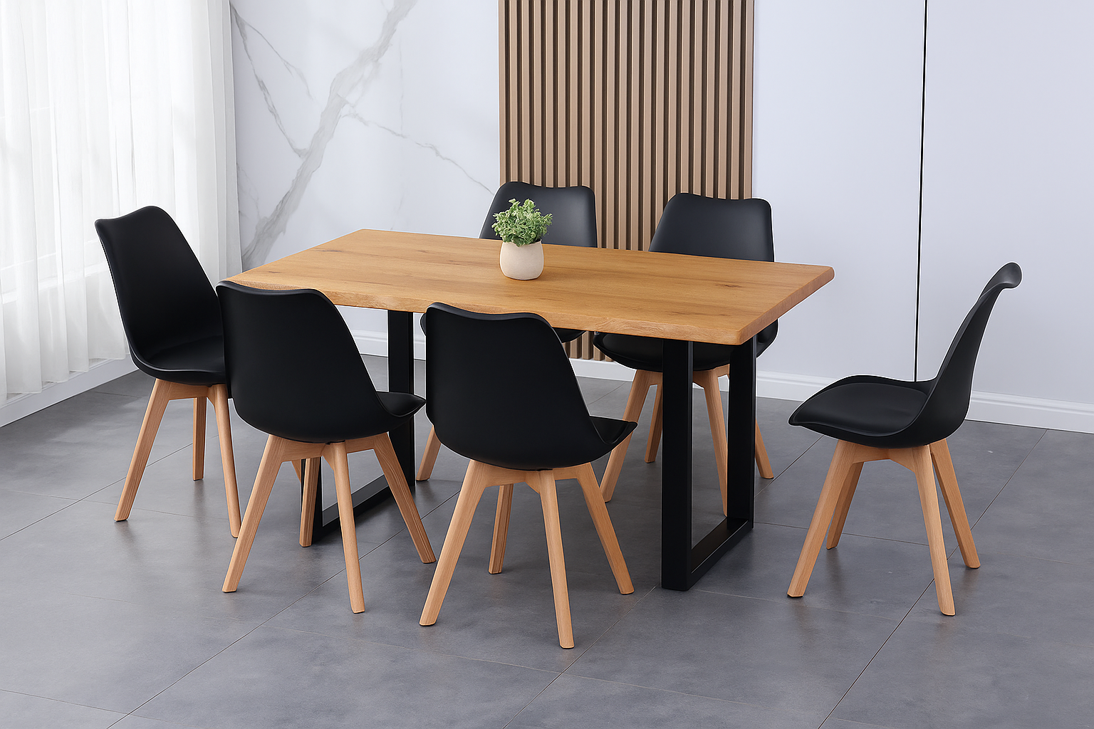 Essgruppe 7tlg. 200 x 100 cm Holz Wildeiche-Optik 6x Schalenstühle Schwarz U-Gestell Schwarz JOSY