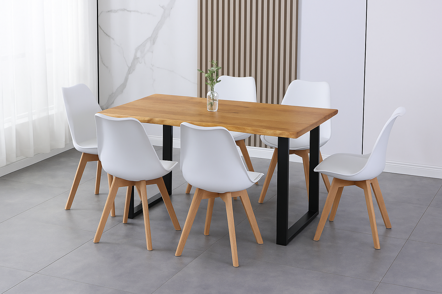 Essgruppe 7tlg. 180 x 90 cm Holz Wildeiche-Optik 6x Schalenstühle Weiß U-Gestell Schwarz JOSY