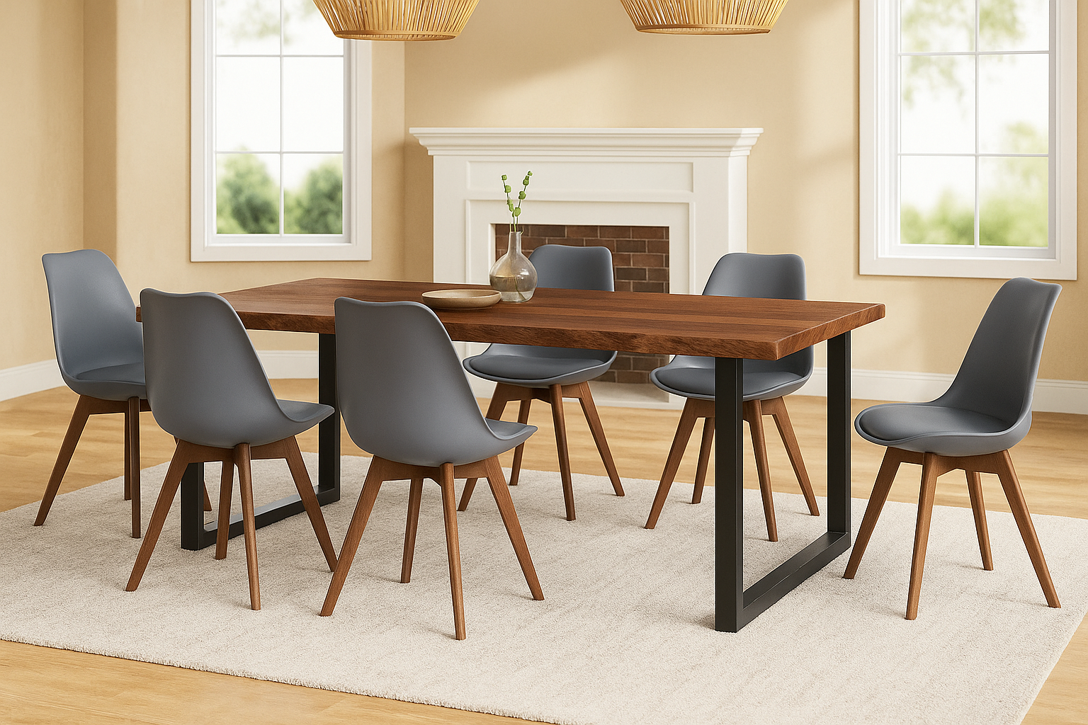 Essgruppe 7tlg. 220 x 100 cm Holz Nussbaum-Optik 6x Schalenstühle Grau U-Gestell Schwarz JOSY