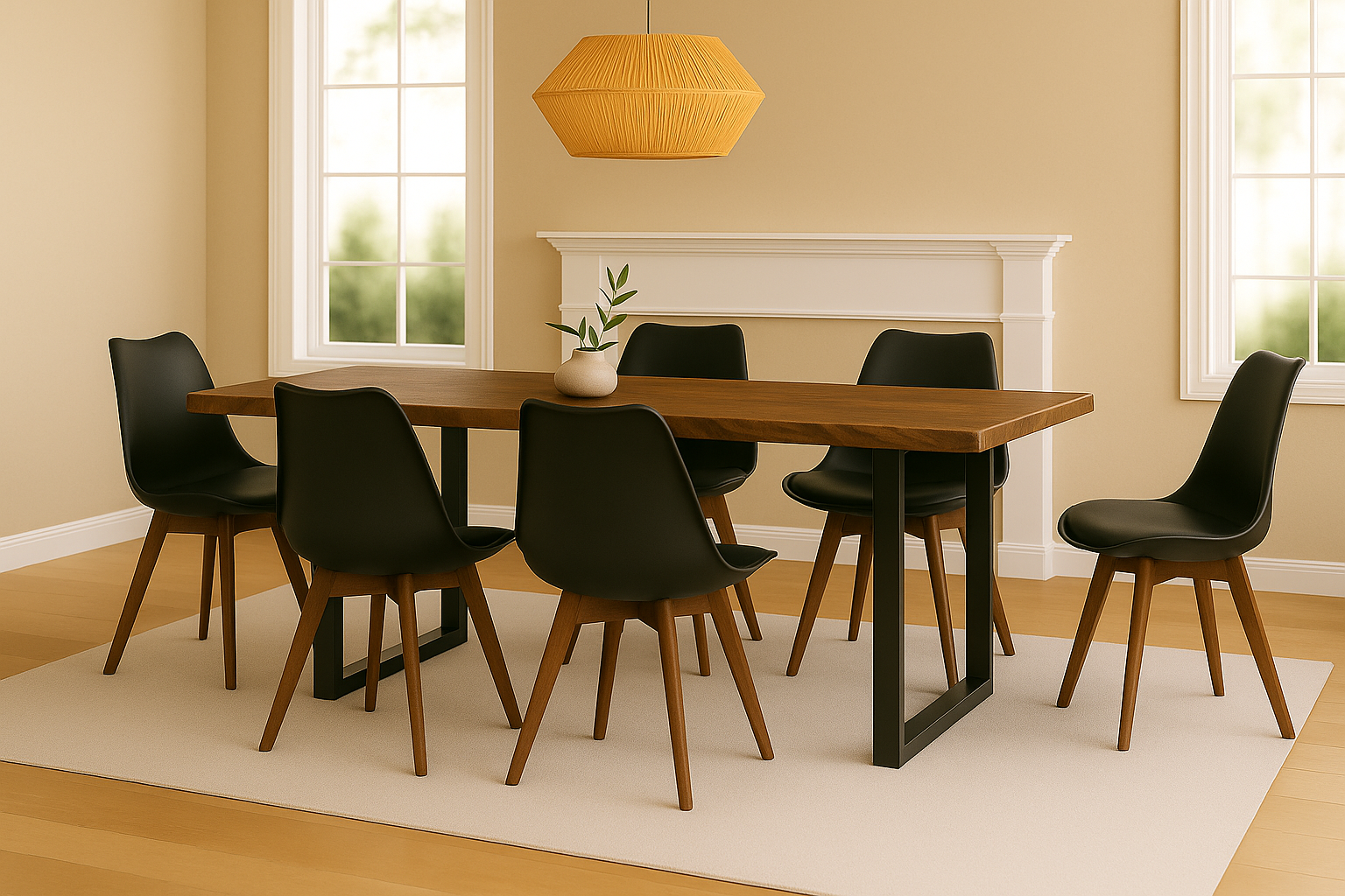 Essgruppe 7tlg. 200 x 100 cm Holz Nussbaum-Optik 6x Schalenstühle Schwarz U-Gestell Schwarz JOSY