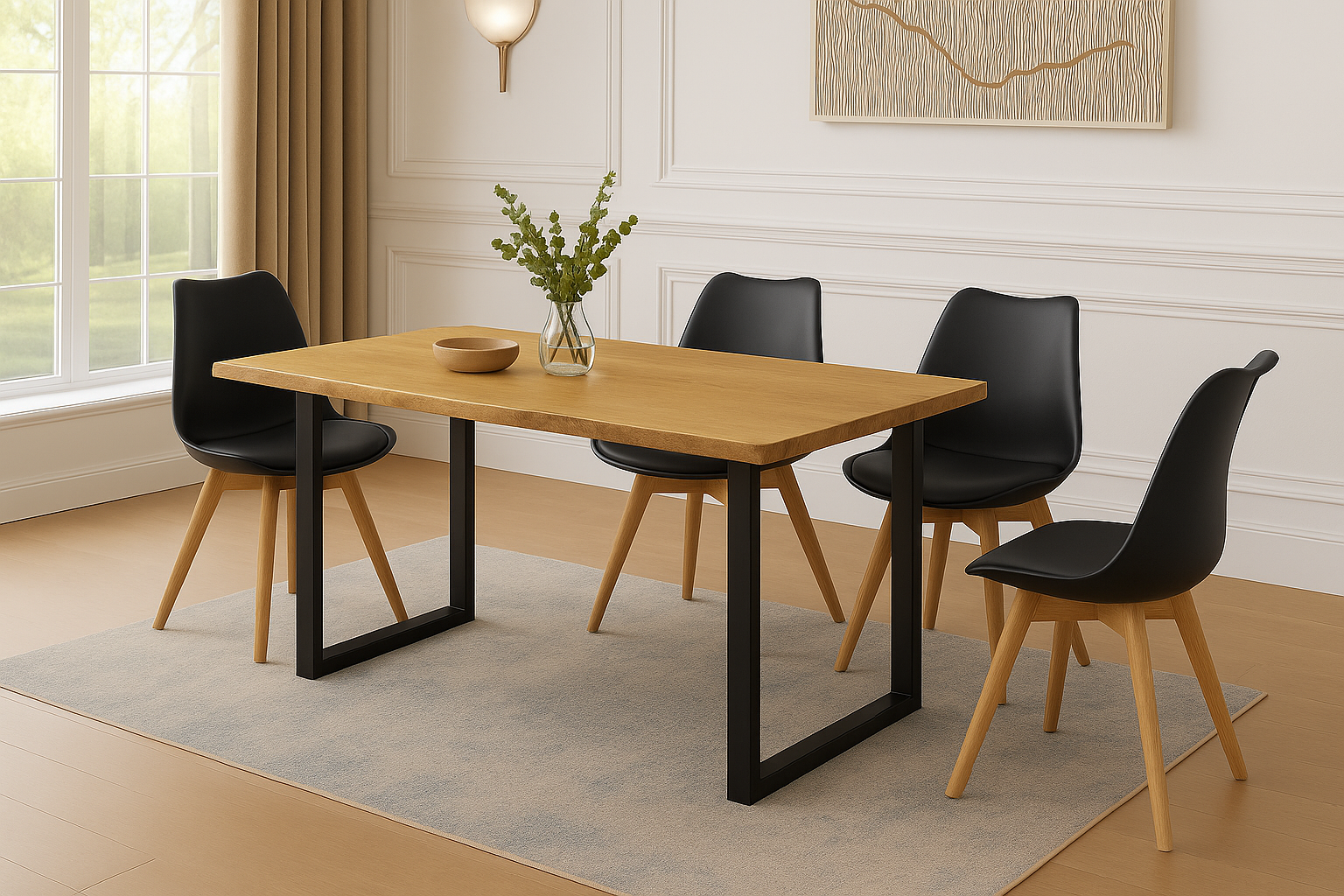 Essgruppe 5tlg. 140 x 80 cm Holz Wildeiche-Optik 4x Schalenstühle Schwarz U-Gestell Schwarz JOSY