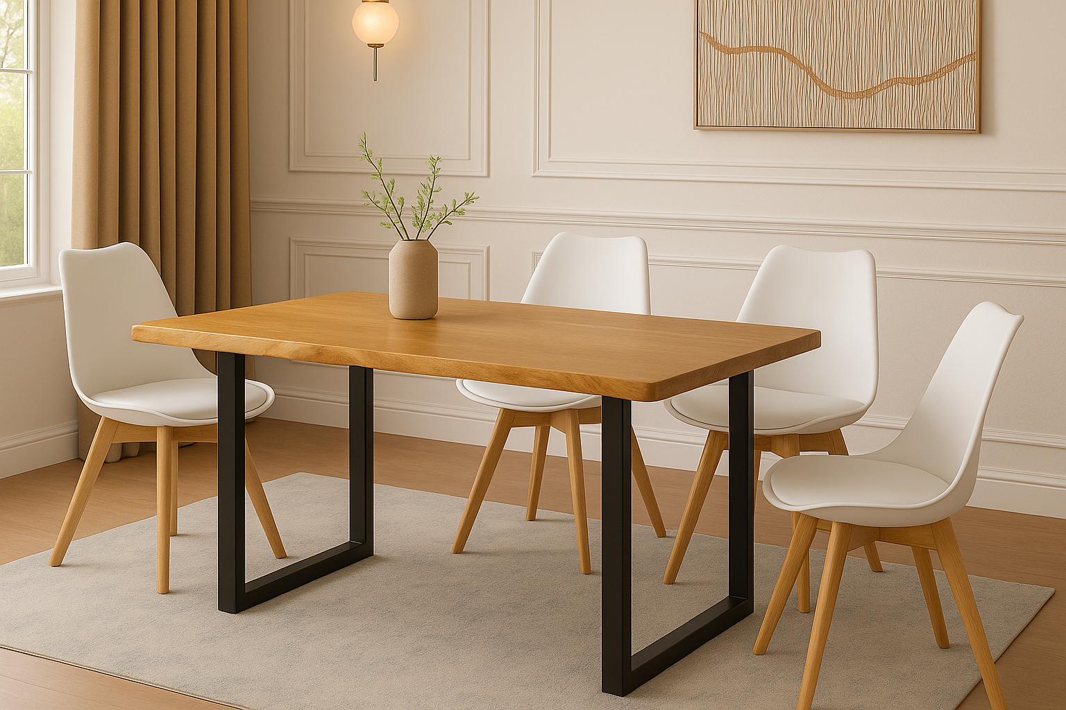 Essgruppe 5tlg. 140 x 80 cm Holz Wildeiche-Optik 4x Schalenstühle Weiß U-Gestell Schwarz JOSY