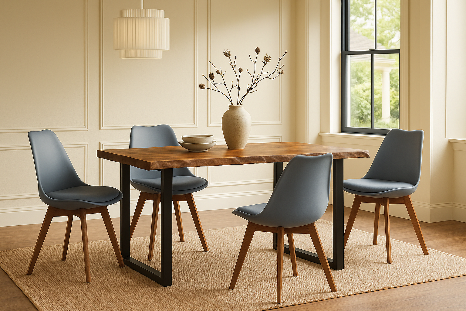 Essgruppe 5tlg. 120 x 80 cm Holz Nussbaum-Optik 4x Schalenstühle Grau U-Gestell Schwarz JOSY