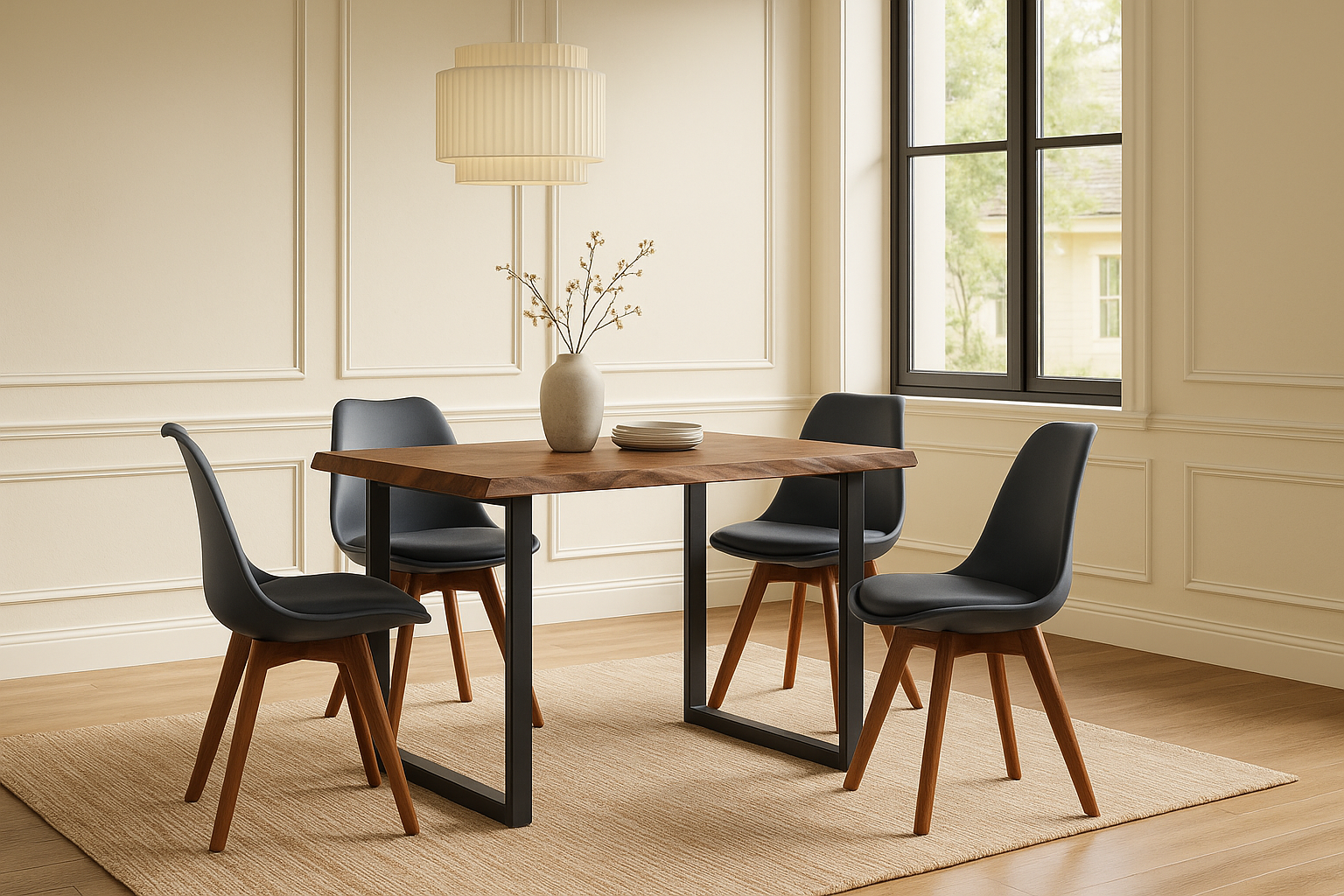 Essgruppe 5tlg. 140 x 80 cm Holz Nussbaum-Optik 4x Schalenstühle Schwarz U-Gestell Schwarz JOSY