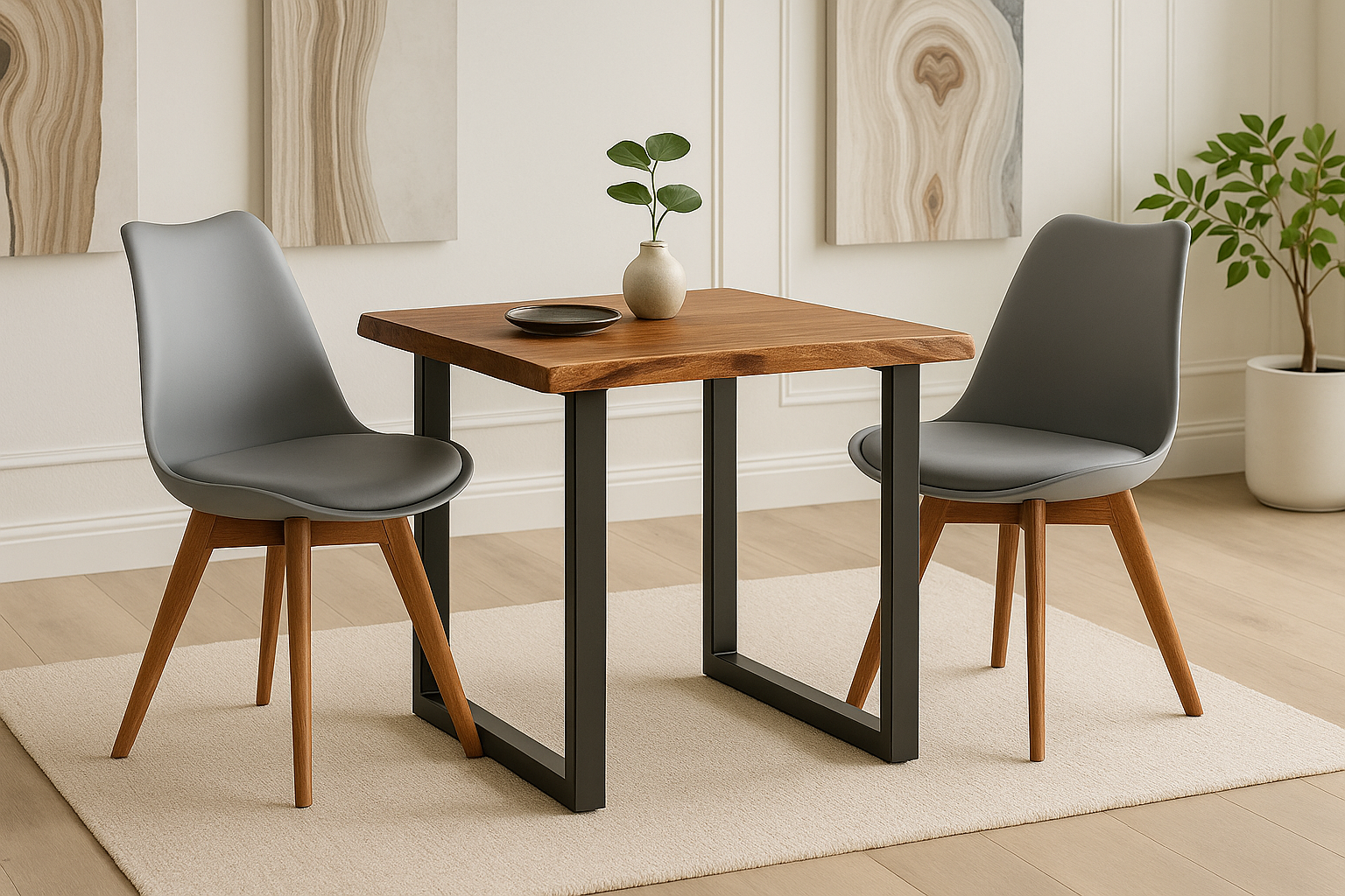 Essgruppe 3tlg. 80 x 80 cm Holz Nussbaum-Optik 2x Schalenstühle Grau U-Gestell Schwarz JOSY