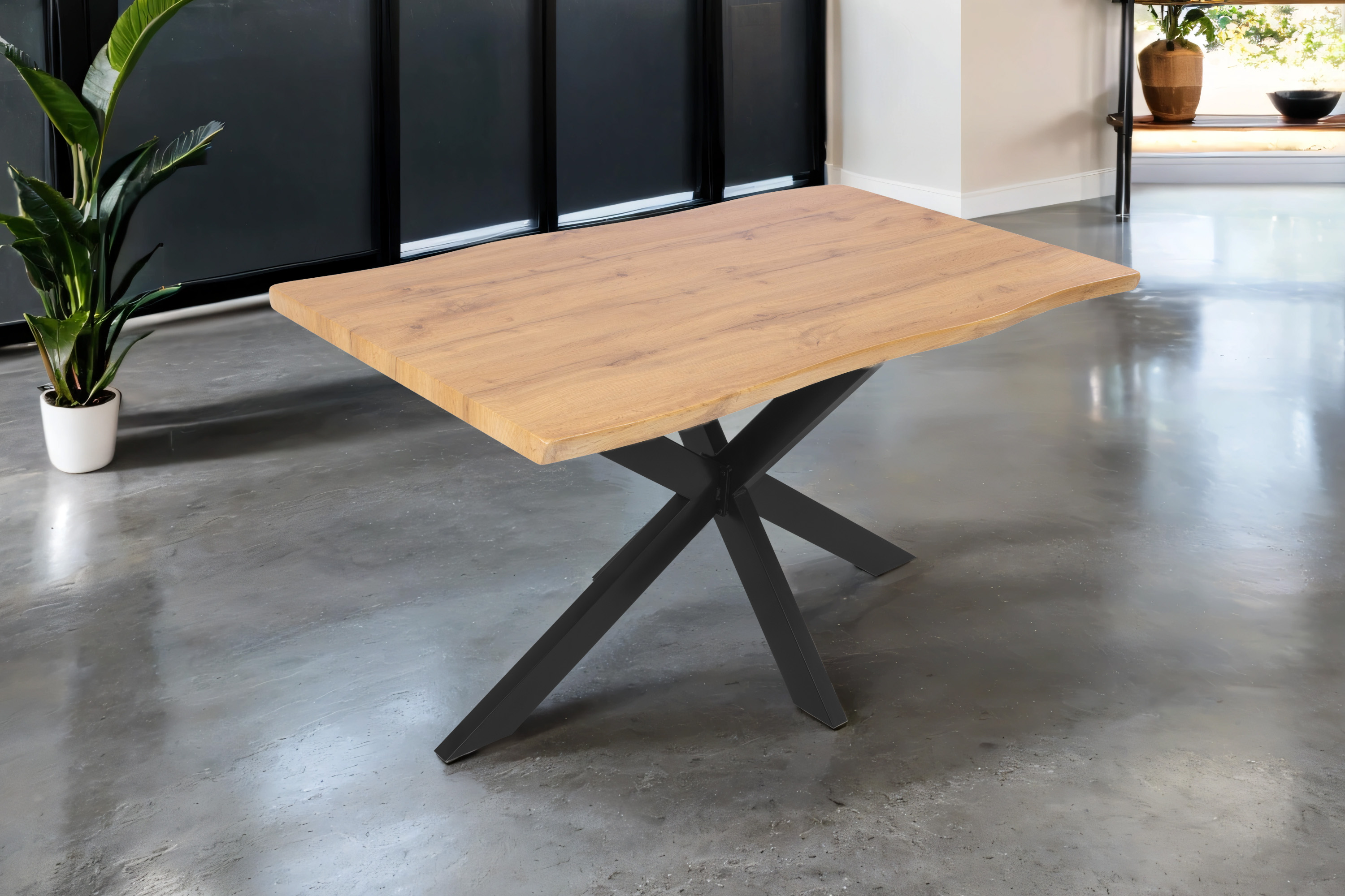 Esstisch 120x80 cm Baumkante Holz Wildeiche-Optik Spider-Gestell Metall schwarz JOSY
