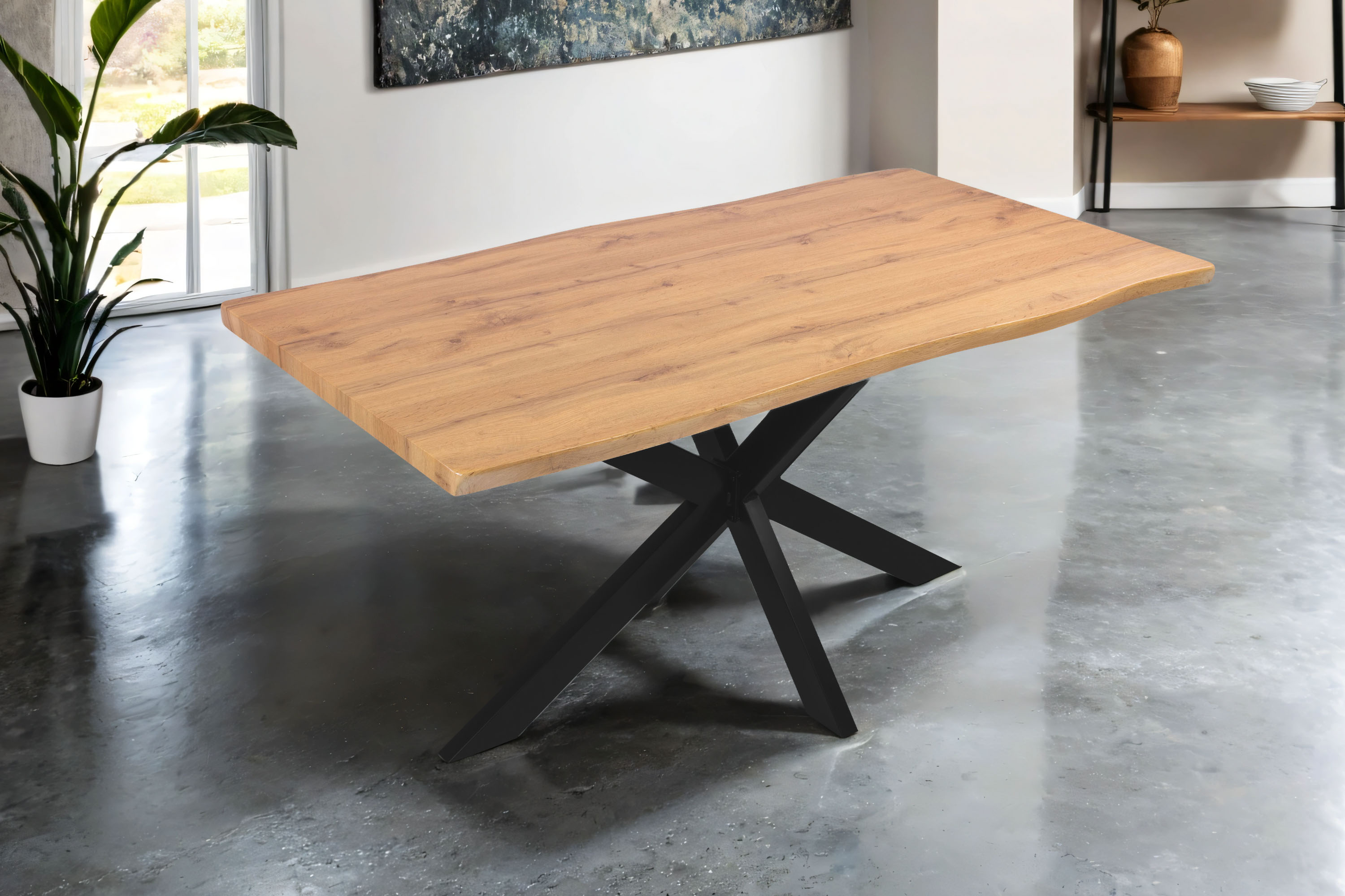 Esstisch 160x85 cm Baumkante Holz Wildeiche-Optik Spider-Gestell Metall schwarz JOSY