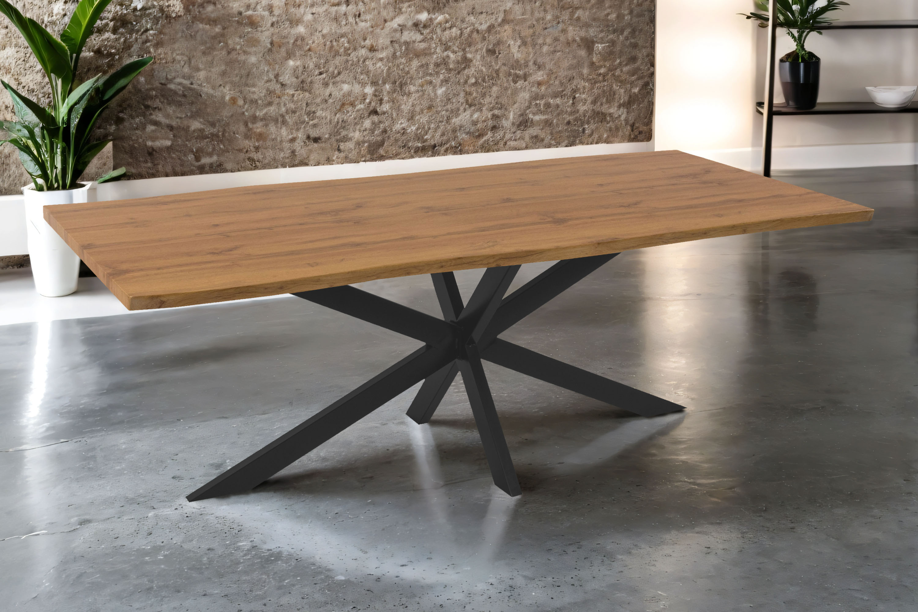 Esstisch 220x100 cm Baumkante Holz Wildeiche-Optik Spider-Gestell Metall schwarz JOSY