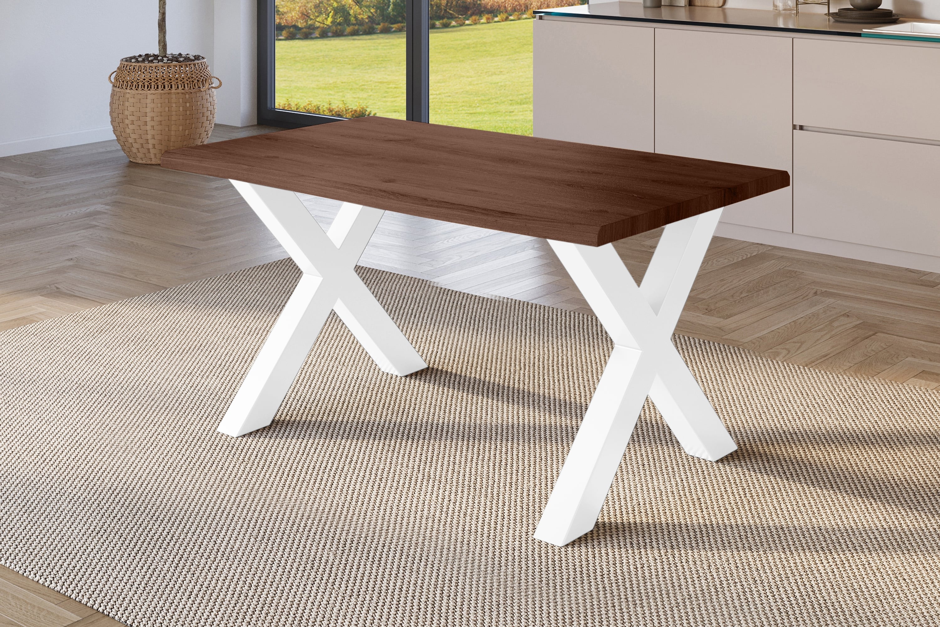 Esstisch 140x80 cm Baumkante Holz Nussbaum-Optik X-Gestell Metall weiß JULIUS