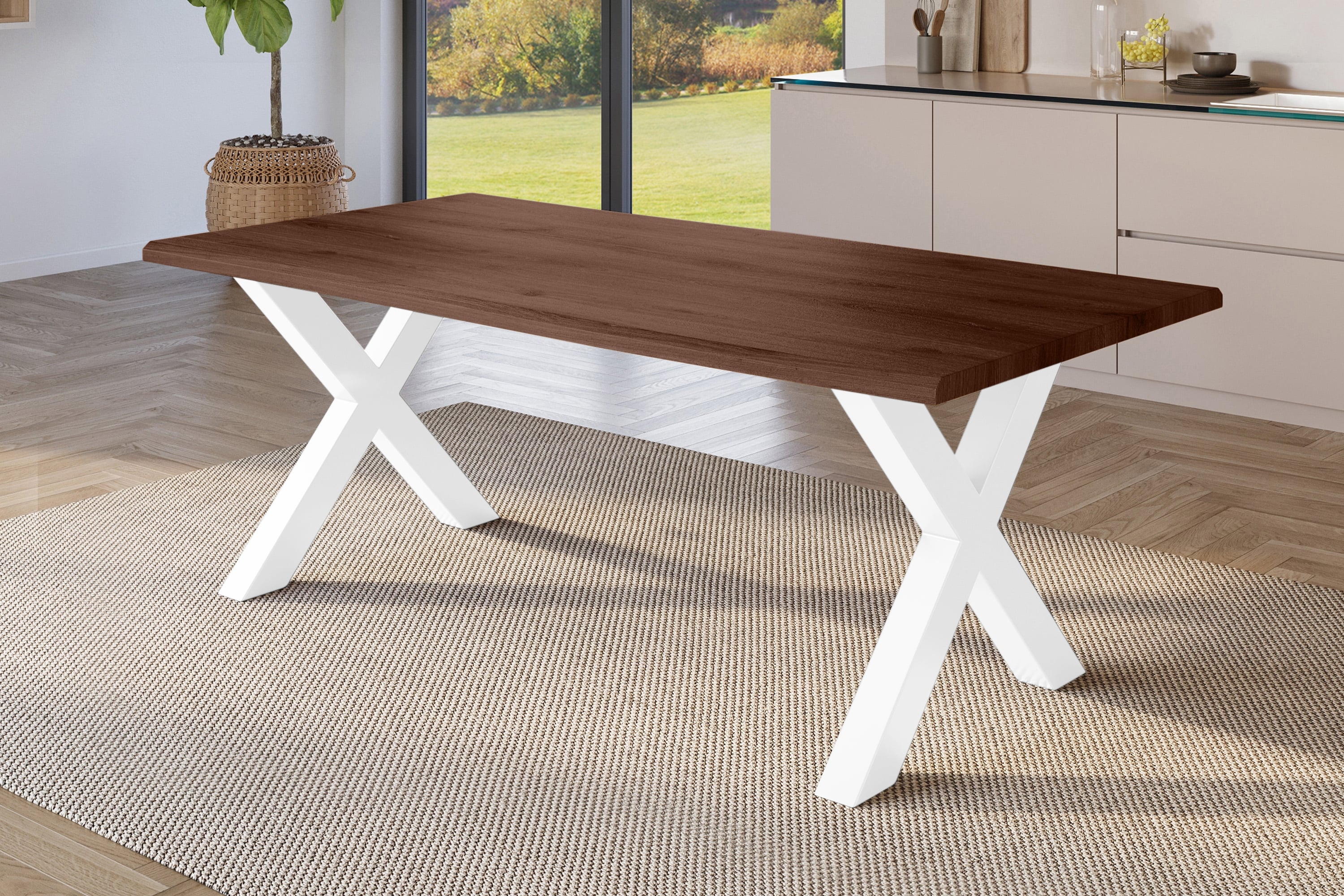 Esstisch 180x90 cm Baumkante Holz Nussbaum-Optik X-Gestell Metall weiß JULIUS