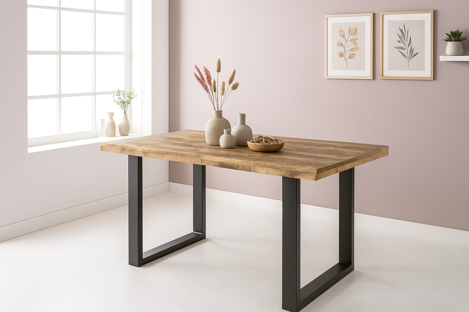 Esstisch 140x80cm Mangoholz gerade Kante U-Gestell schwarz RIO