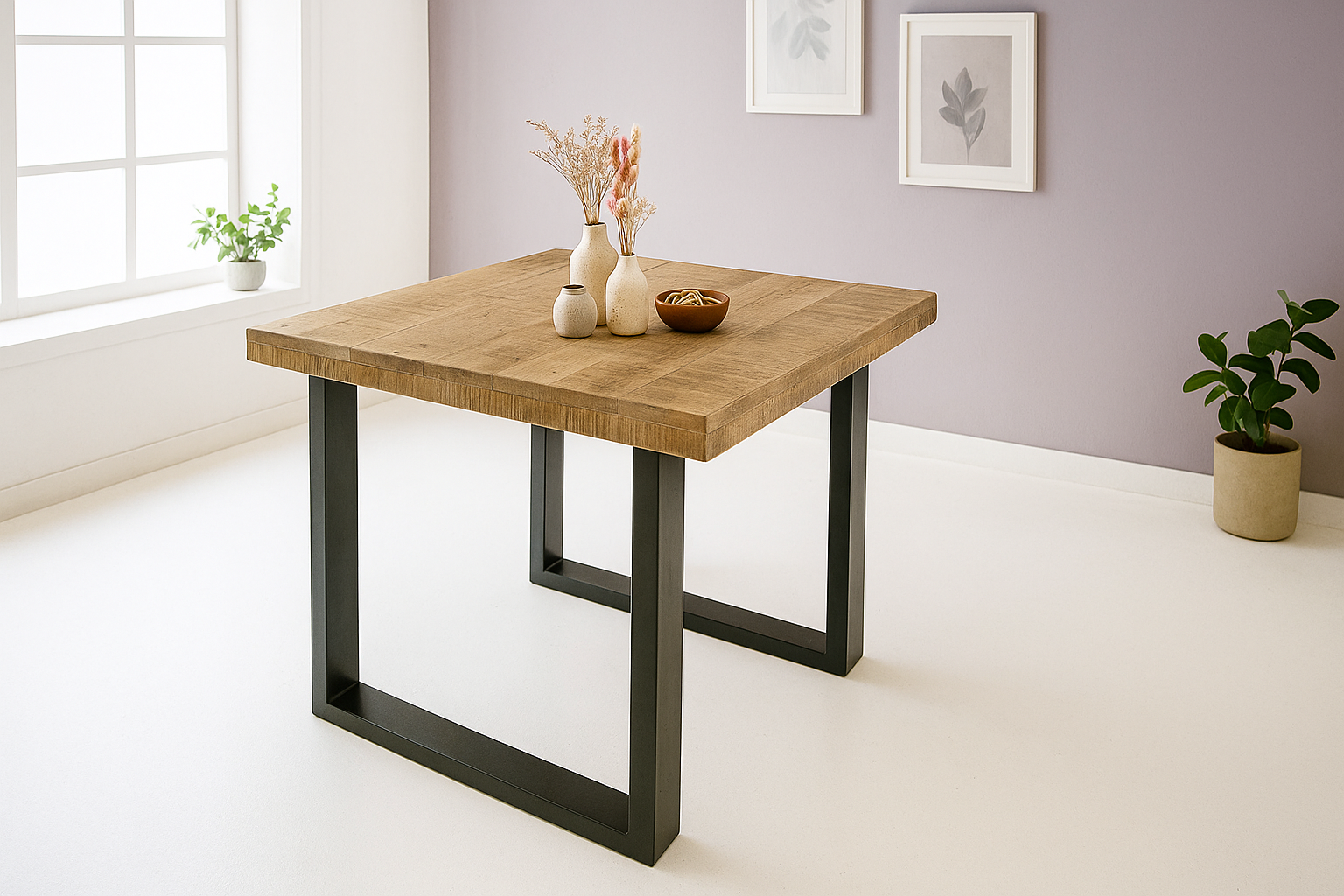 Esstisch 90x90cm Mangoholz gerade Kante U-Gestell schwarz RIO