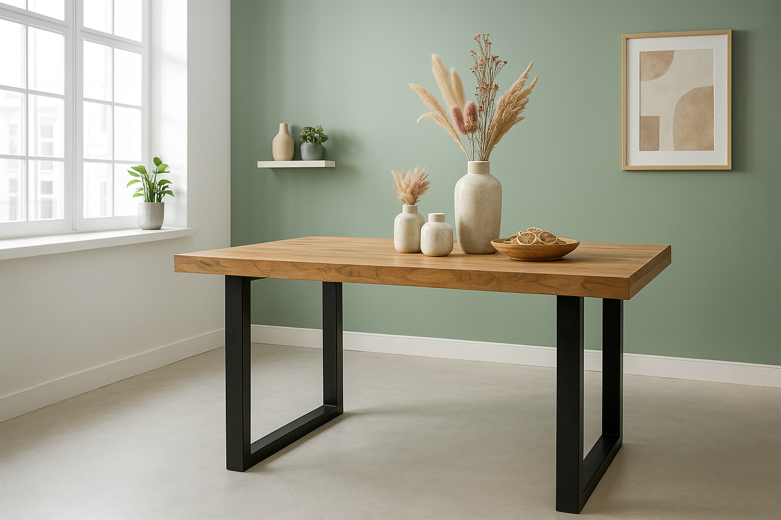 Esstisch 140x80cm Akazienholz naturfarben gerade Kante U-Gestell schwarz RIO