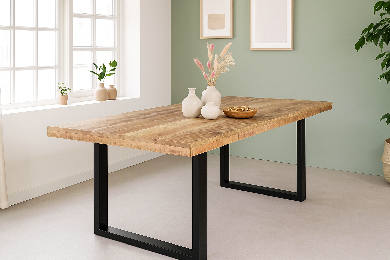 Esstisch 240x100cm Akazienholz naturfarben gerade Kante U-Gestell schwarz RIO