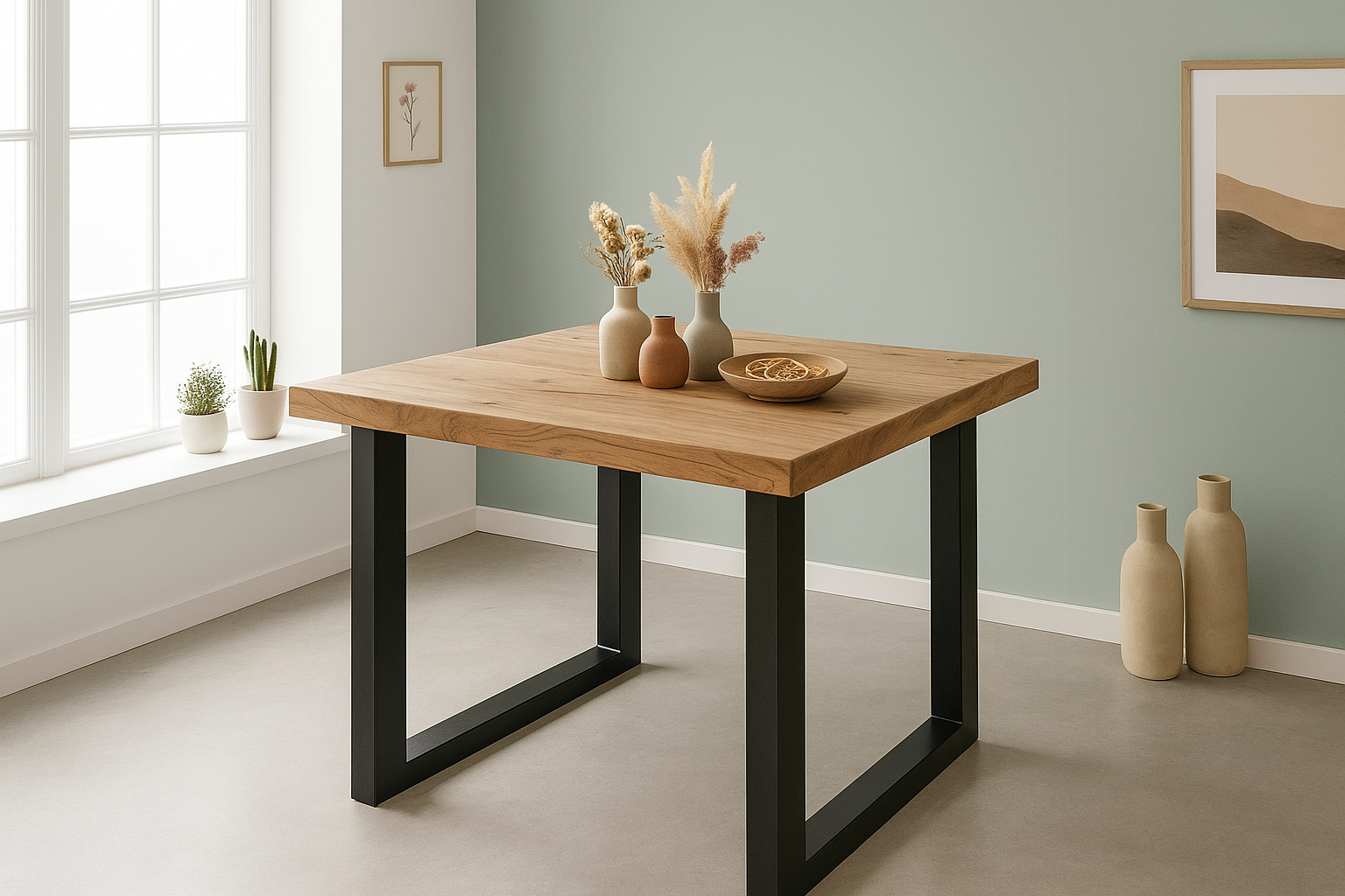 Esstisch 80x80cm Akazienholz naturfarben gerade Kante U-Gestell schwarz RIO