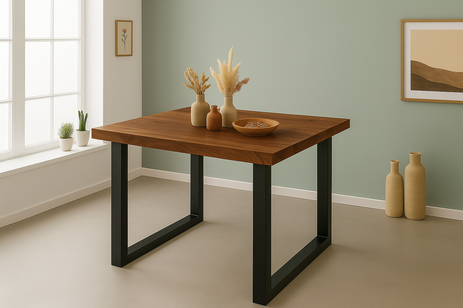 Esstisch 90x90cm Akazienholz nussbaumfarben gerade Kante U-Gestell schwarz RIO