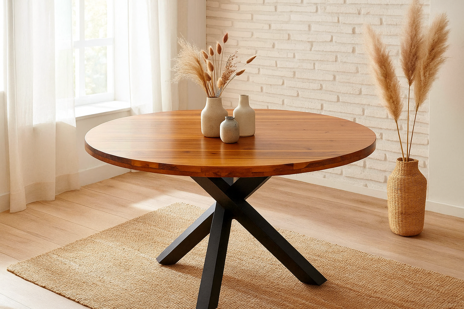 Esstisch rund Ø 120 cm Akazie cognac massiv Sternfuß-Gestell schwarz ISABELLA