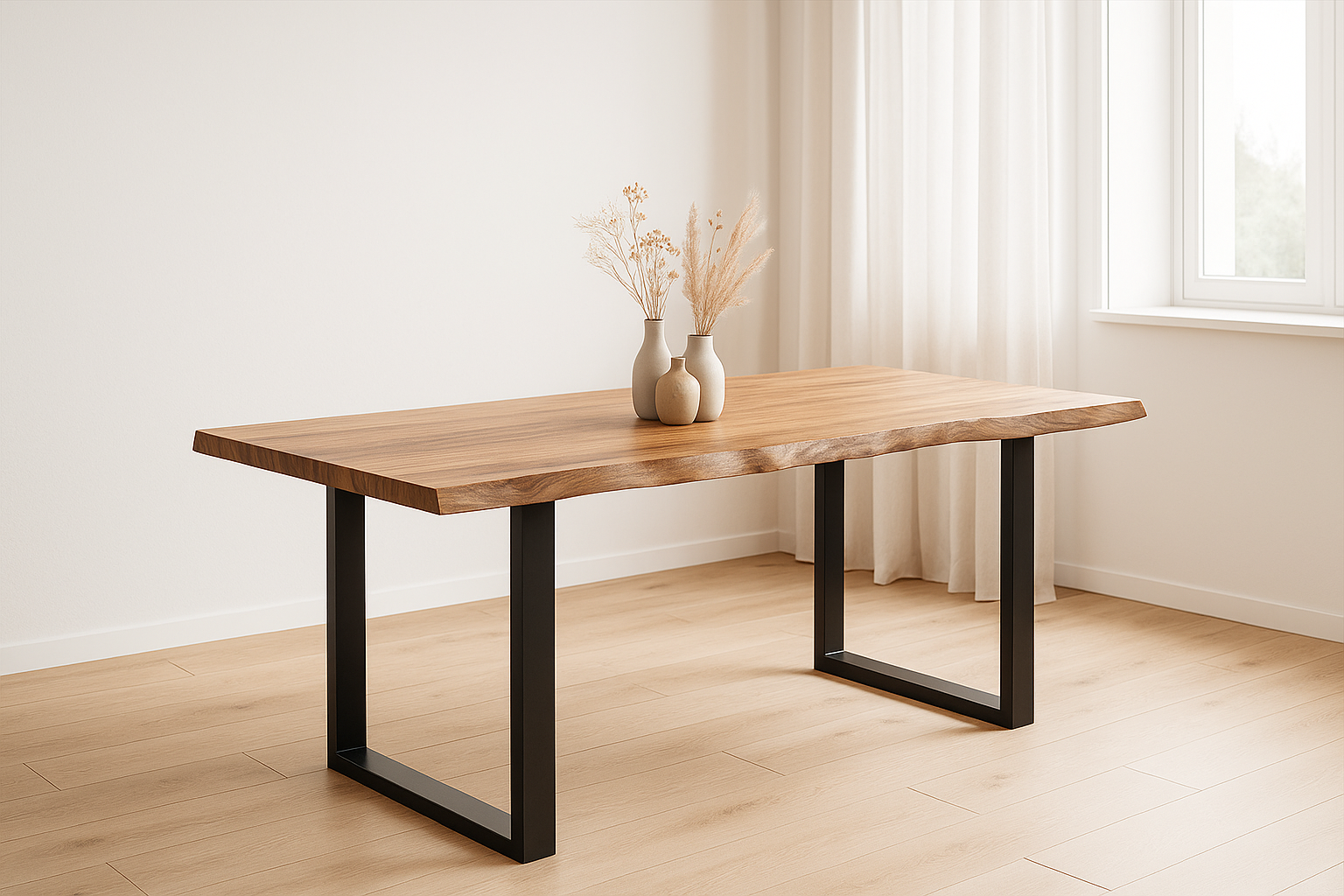 Esstisch Baumkante massiv Akazie natur 140 x 80 cm U-Gestell schwarz LIAM