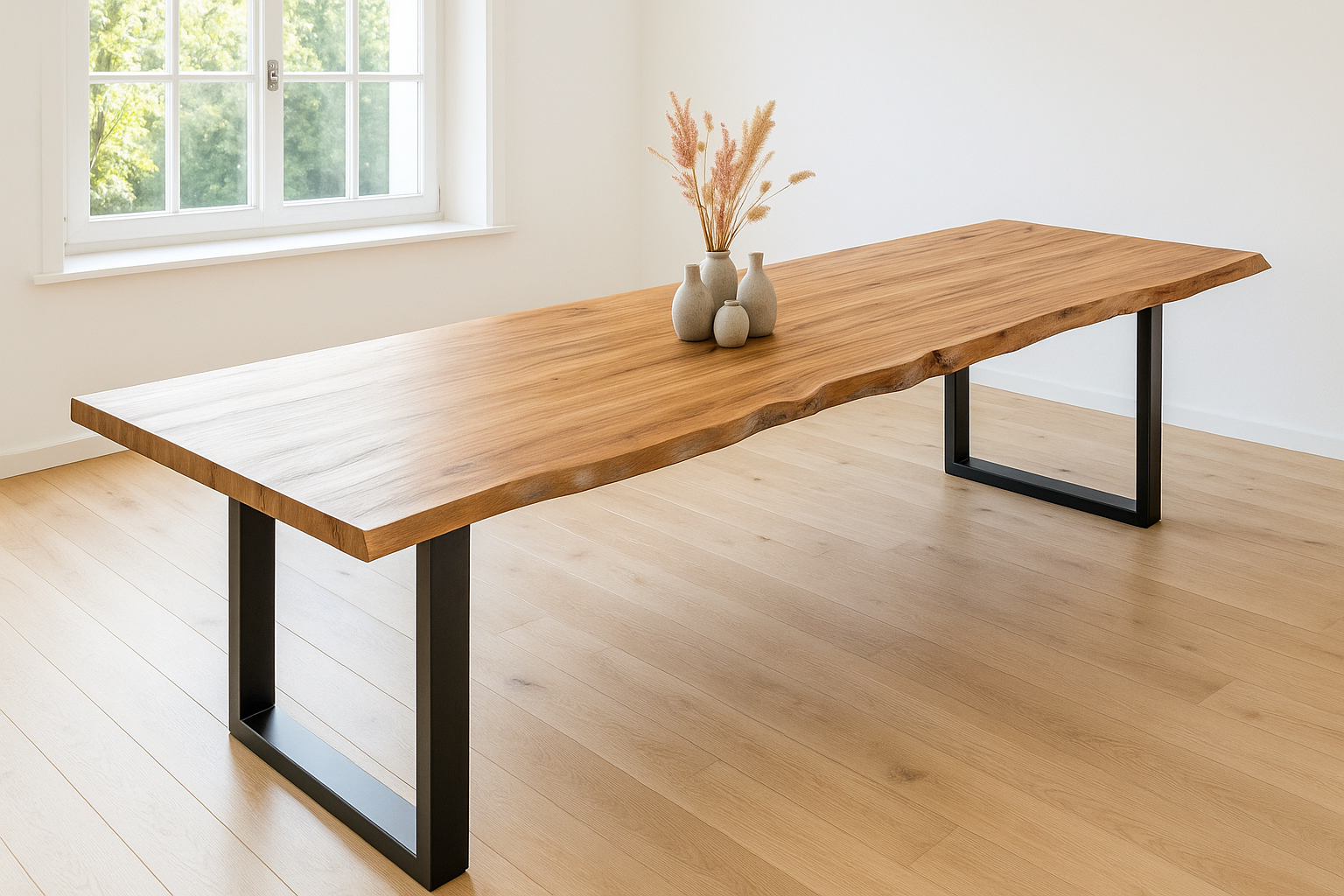Esstisch Baumkante massiv Akazie natur 320 x 100 cm U-Gestell schwarz LIAM