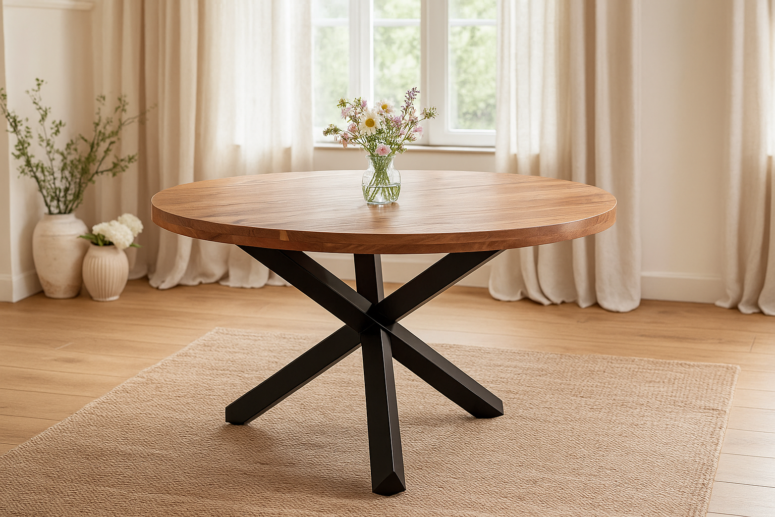 Esstisch rund Ø 120 cm Akazie natur massiv Sternfuß-Gestell schwarz RUNA