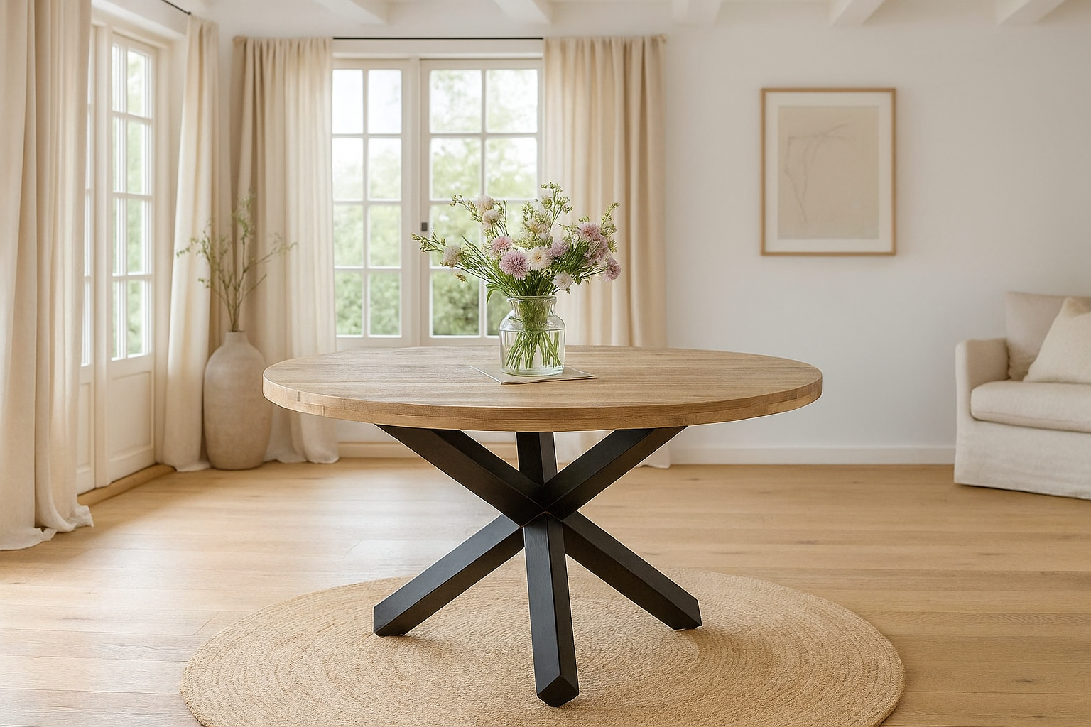 Esstisch rund Ø 130 cm Mangoholz natur massiv Sternfuß-Gestell schwarz RUNIS